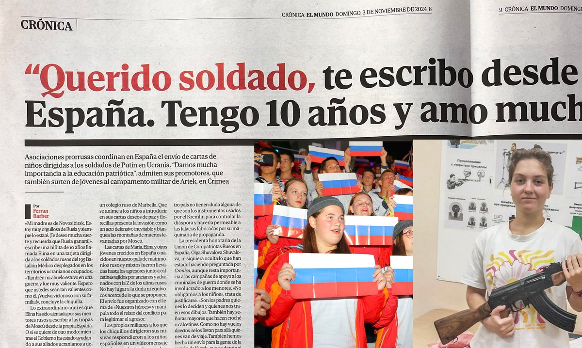 Hoy, en la edición impresa Crónica de <a href="/elmundoes/">EL MUNDO</a>  Docenas de niños españoles están siendo enviados desde nuestro país a Artek, un centro de militarización y adoctrinamiento político  del Kremlin sancionado por la UE y situado en los territorios ocupados de Crimea (hilo 1 de 4).