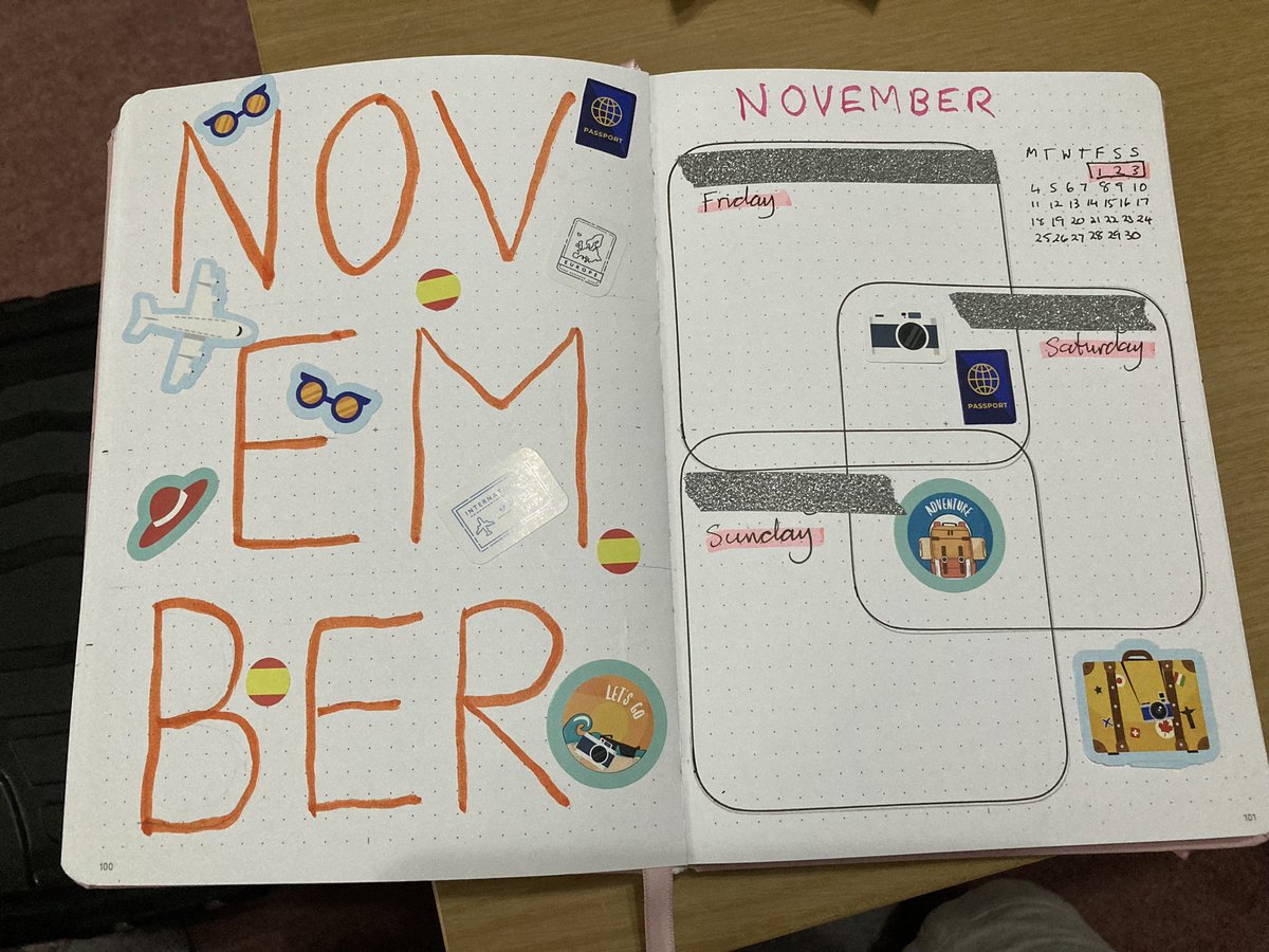 jayneteach's tweet photo. Here are my Novemberpages. Trying to offset the darker days with memories of the Summer Sun. @TheHeadsOffice @Janetteww @CassHT @BridgetBurke2 @VickyHassall #journalingteacher https://t.co/Evj0NteUmB