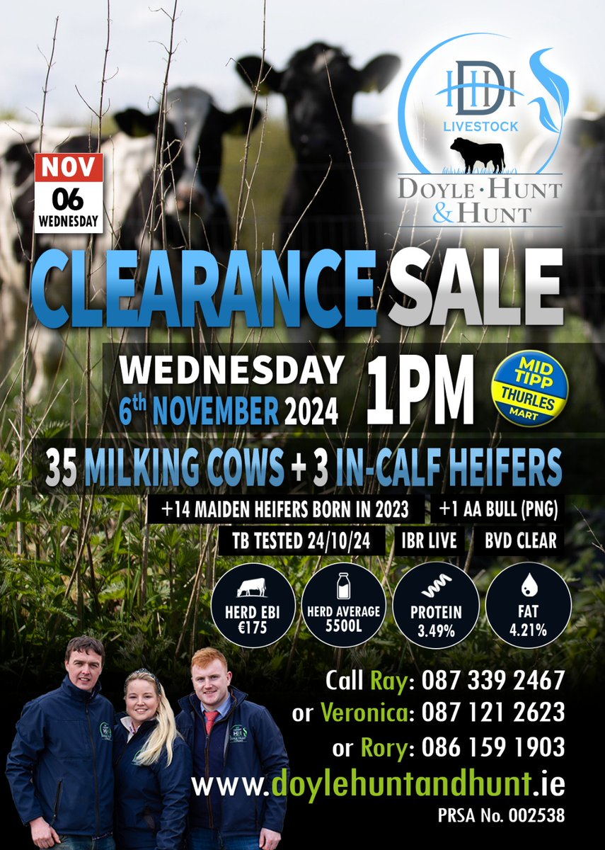 Clearance sale this Wednesday the 6th of November, For more information or to receive a catalogue 
Call Ray: 087 3392467  
Rory: 086 1591903