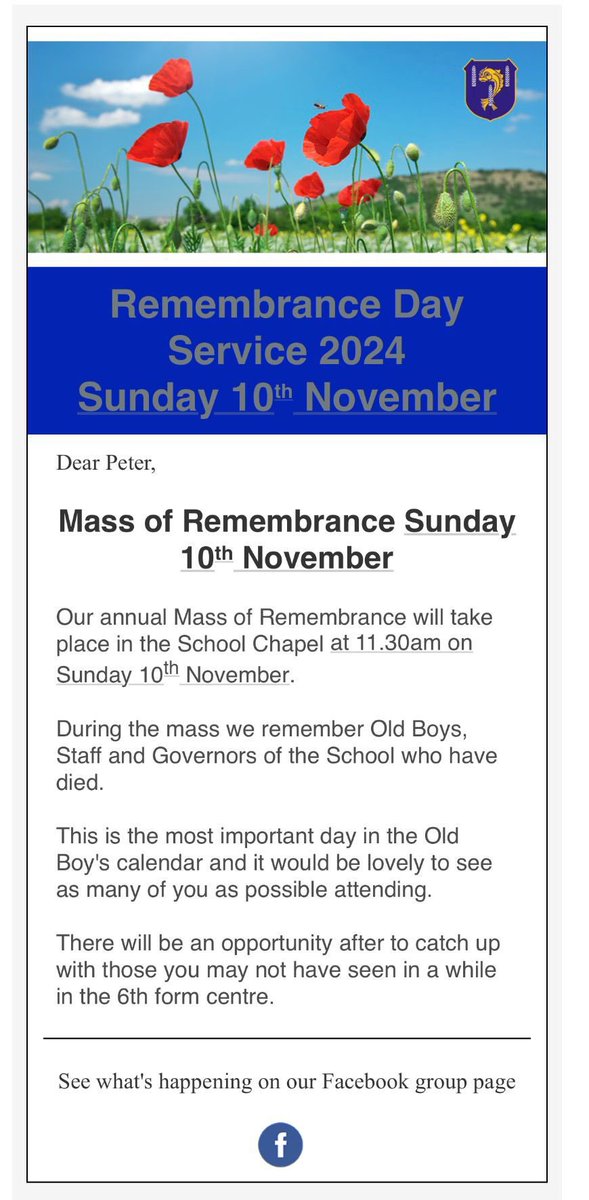 All are welcome to the Remembrance Mass at the School Chapel on Sunday 10 November. #RemembranceDay
