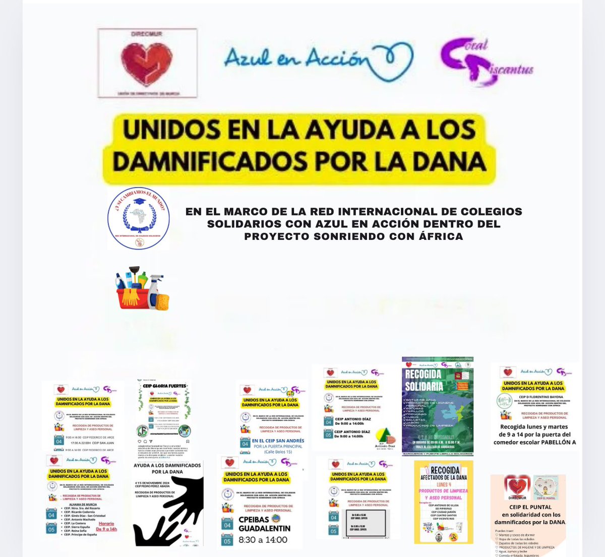DENTRO DEL PROYECTO "Red internacional de colegios solidarios”Os informamos que Direcmur, Azul en Acción y Coral Discantus
se han unido en una iniciativa solidaria para apoyar a los afectados por la reciente DANA.
Ya somos más de 70 centros de <a href="/Educarm/">Educarm</a>. Muchas gracias de❤️