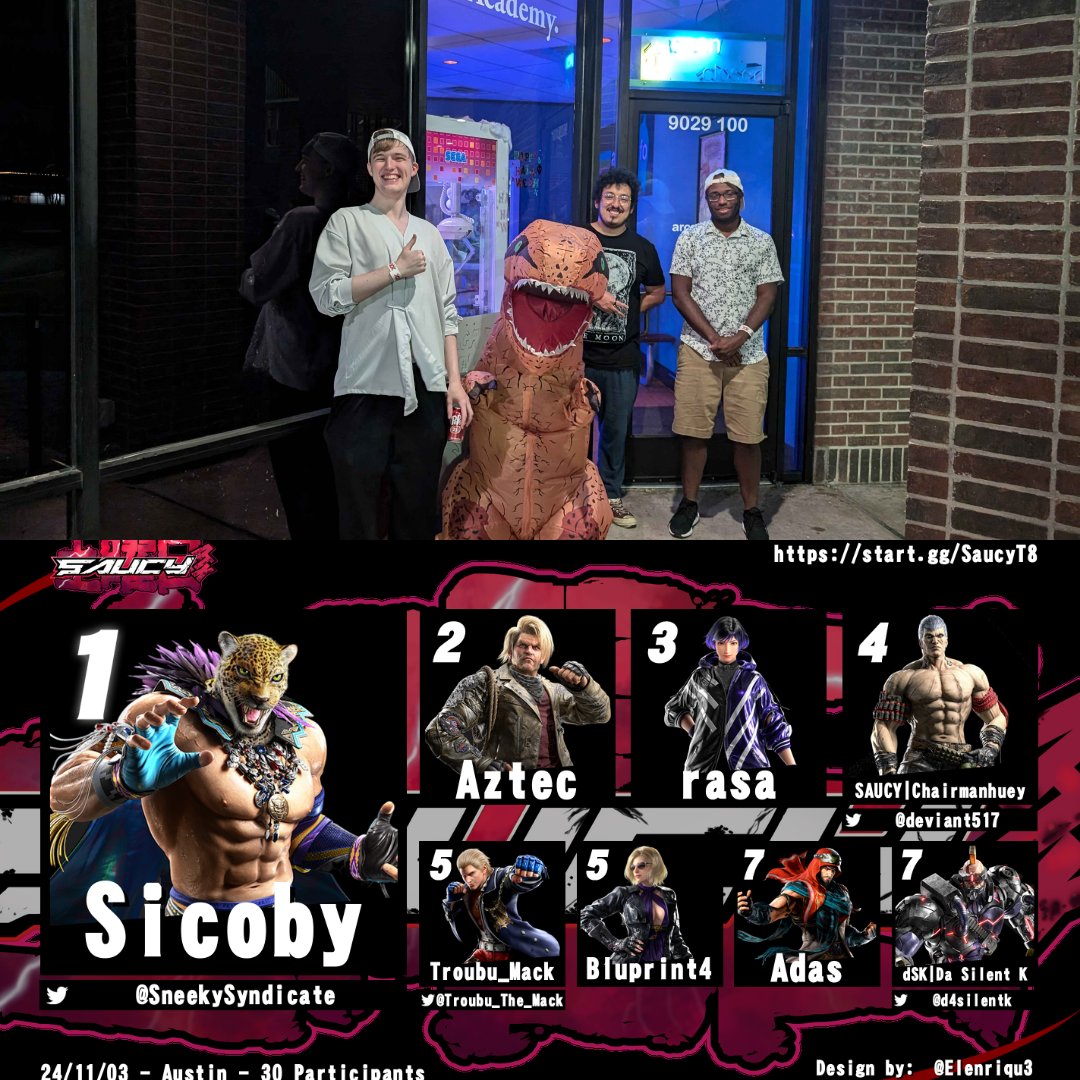 SaucyFGC's tweet photo. Saucy TEKKEN 8 results

🏆 @SneekySyndicate 
🥈 @AztecJD_
🥉 Rasa

Big shout out to @RealBadBean  for bringing home made cookies for everyone to enjoy 😎. GGs everyone we will be back next Sat with SF6.  13 days until KICKBACK make sure you pre reg 🙏. https://t.co/Bi4mOyP6vp