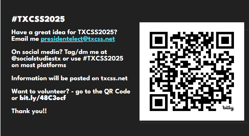 socialstudiestx's tweet image. 3 more hours left at #txcss2024 . This is my 1st conference on the other side of the table. I want to make sure that all of you realize, there is a seat at the table for everyone.  

Present, Join a committee, Run for Office, Exhibit,  Volunteer - 
 
We are all #txcss