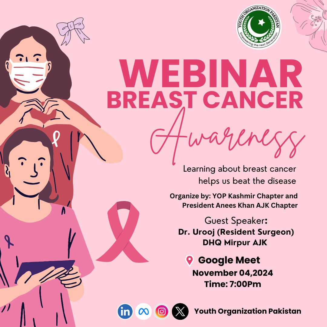 youth_org_pak's tweet photo. Join us for an impactful webinar on Breast Cancer Awareness, hosted by the YOP Kashmir Chapter. Let's unite to spread awareness, reduce stigma, and empower lives. 

🗓 Date: November 4 (Monday)  
📍 Venue: Google Meet  

Together, we can make a difference!

#BreastCancerAwareness https://t.co/tcxDAqw0zl
