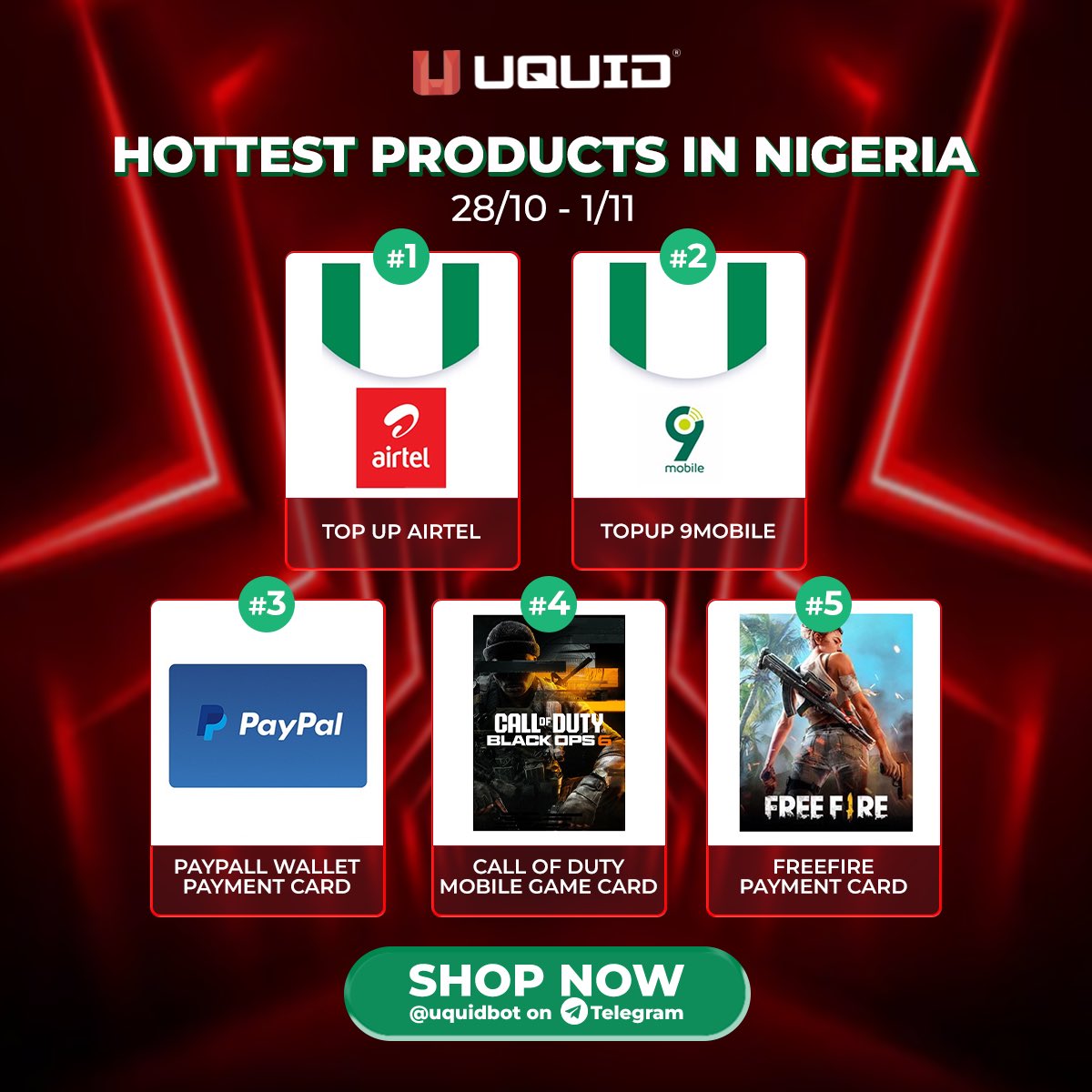 🌍 Discover the hottest products in Nigeria on Uquid! 
From instant mobile top-ups 📱 to popular game cards 🎮, we’ve got you covered. Shop effortlessly with crypto and enjoy a seamless experience. Start exploring now at shop.uquid.com &amp; <a href="/uquidbot/">Uquid on TON</a> on Telegram!
