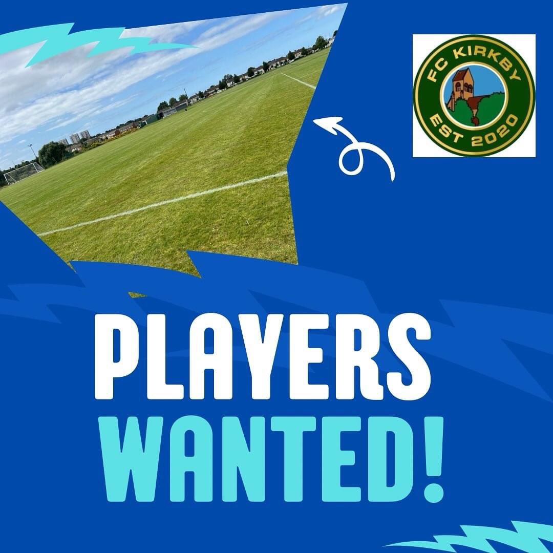 FCKirkbyOff's tweet photo. Looking to add a few additions to our first team squad. A few injuries and lads not being able to commit to away games has left us short in a few positions. Train Wednesday in Kirkby and play in the West Cheshire league Saturday. Drop us a message if keen on coming down. https://t.co/keMffUwtUA