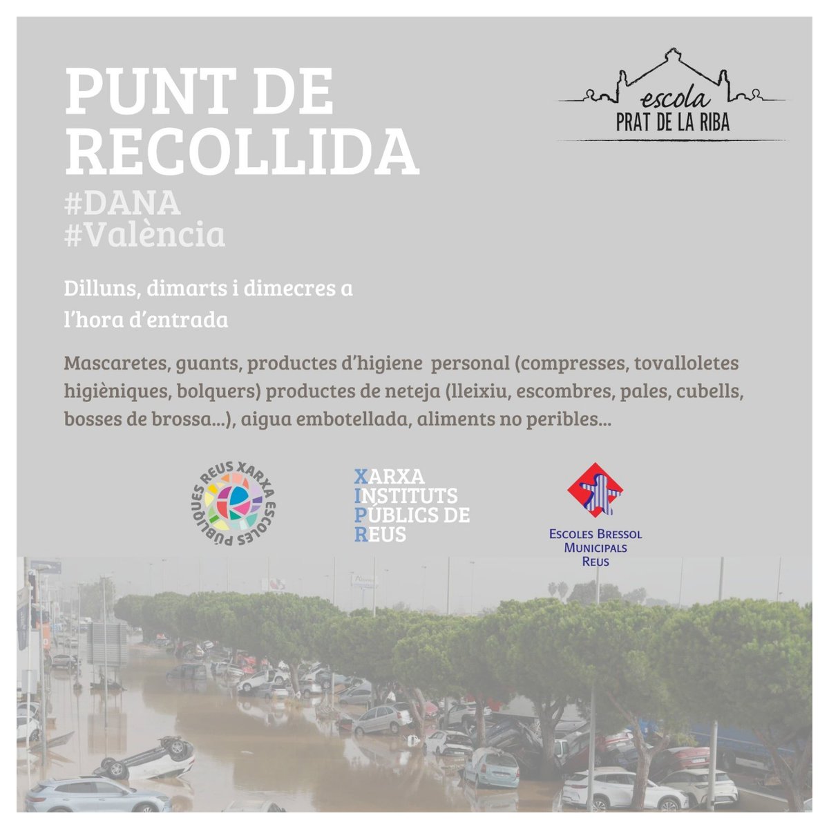 Escola Prat de la Riba Reus (@escpratdelariba) on Twitter photo La <a href="/ReusXarxa/">Xarxa Escoles Públiques Reus</a>, la Xarxa d'Instituts i les Escoles Bressol Municipals unim forces i iniciem una campanya de recollida de material per fer-lo arribar a les persones, famílies i comunitats que han patit les devastadores riuades causades per la DANA.
#DANA
#València
#Solidaritat La <a href="/ReusXarxa/">Xarxa Escoles Públiques Reus</a>, la Xarxa d'Instituts i les Escoles Bressol Municipals unim forces i iniciem una campanya de recollida de material per fer-lo arribar a les persones, famílies i comunitats que han patit les devastadores riuades causades per la DANA.
#DANA
#València
#Solidaritat
