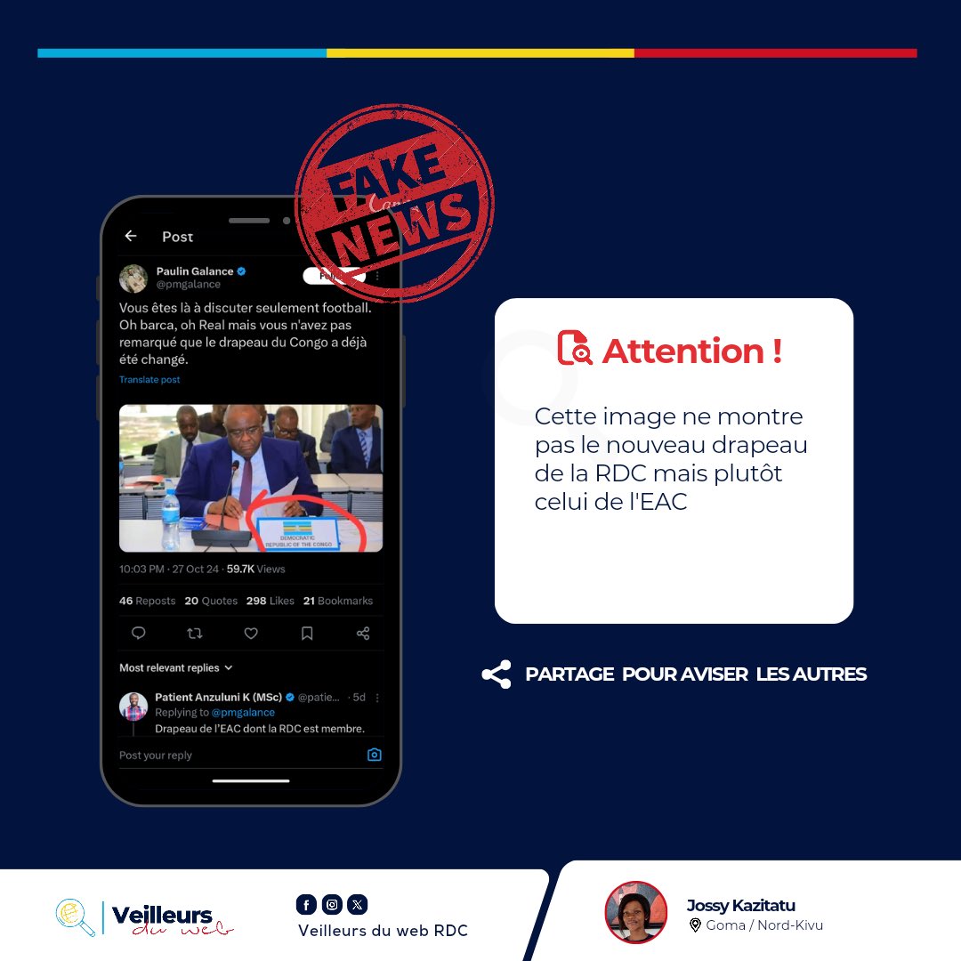 Attention, cette image ne montre pas le nouveau drapeau de la RDC mais plutôt celui de l'EAC

Plus de détails par ici : 👇🏼
facebook.com/share/p/17zoeE…?
