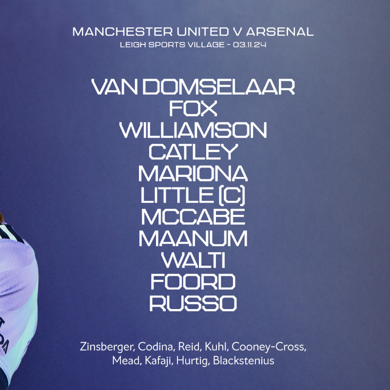 ArsenalWFC's tweet photo. 🟣 𝗧𝗘𝗔𝗠𝙉𝙀𝙒𝙎 🔵

💫 Williamson returns to the lineup
⚓️ Walti in the middle
🏎️ Mariona and Foord down the wing

COME ON YOU GUNNERS 💪
