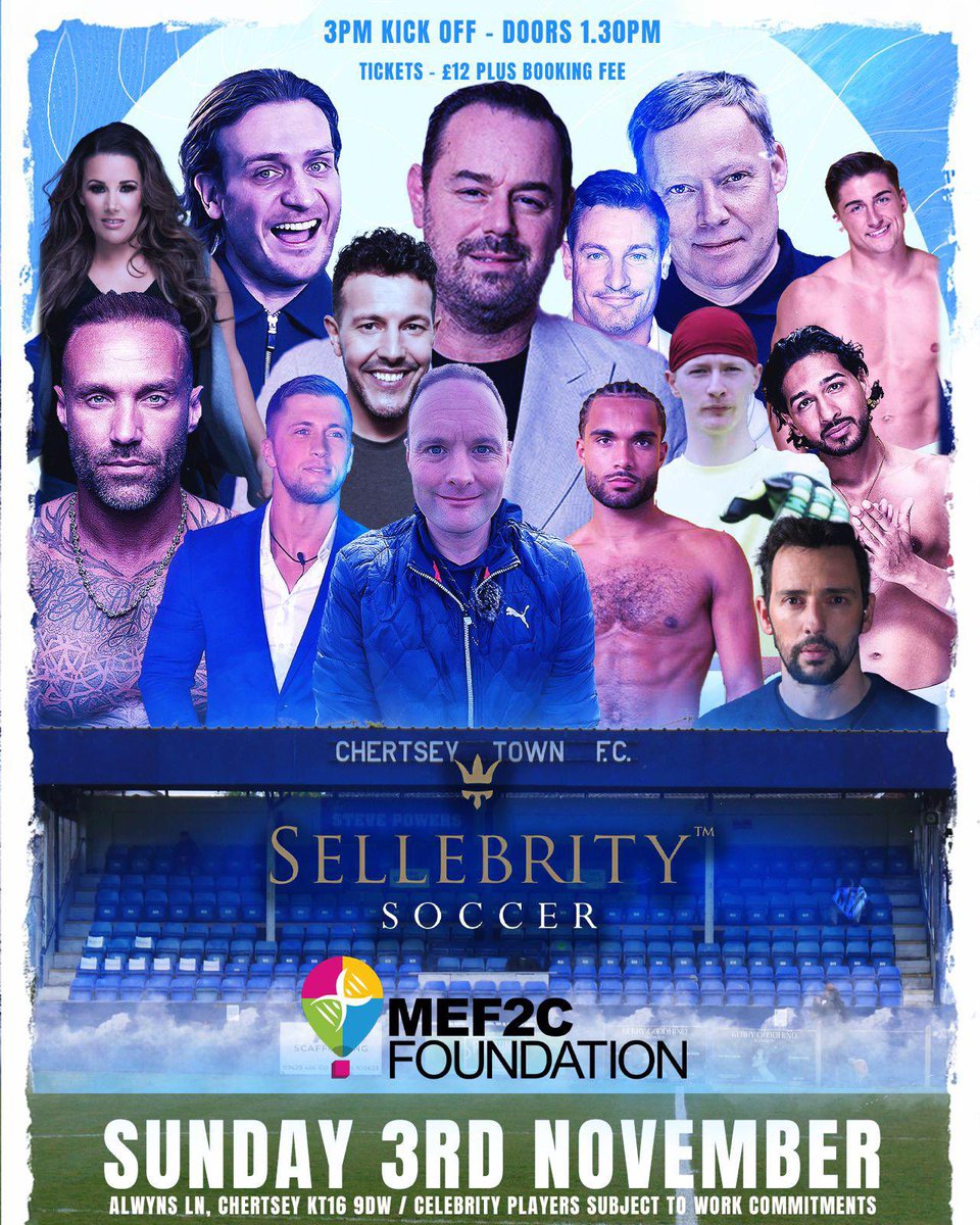 It’s Sellebrity Soccer Charity Matchday at Chertsey Town!
Come down this afternoon and see a host of celebrities and a number of Curfews legends take to the hallowed turf of Alwyns Lane whilst raising money for the <a href="/Mef2cFoundation/">MEF2C Foundation</a> 
Tickets:  eventbrite.co.uk/e/celebrity-ch…