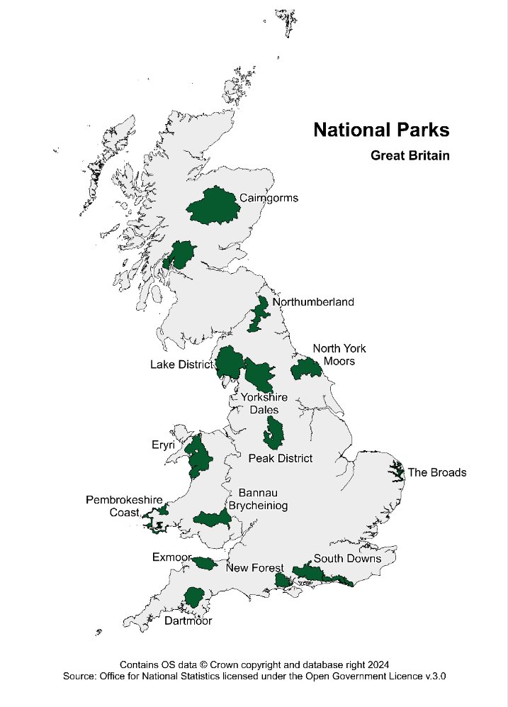 #30DayMapChallenge Day 3: Polygons. A map of National Parks in Great Britain. In 2021, 399,400 people lived in national parks in England and Wales. National park boundaries are published on our Open Geography Portal: geoportal.statistics.gov.uk
#Polygons #QGIS