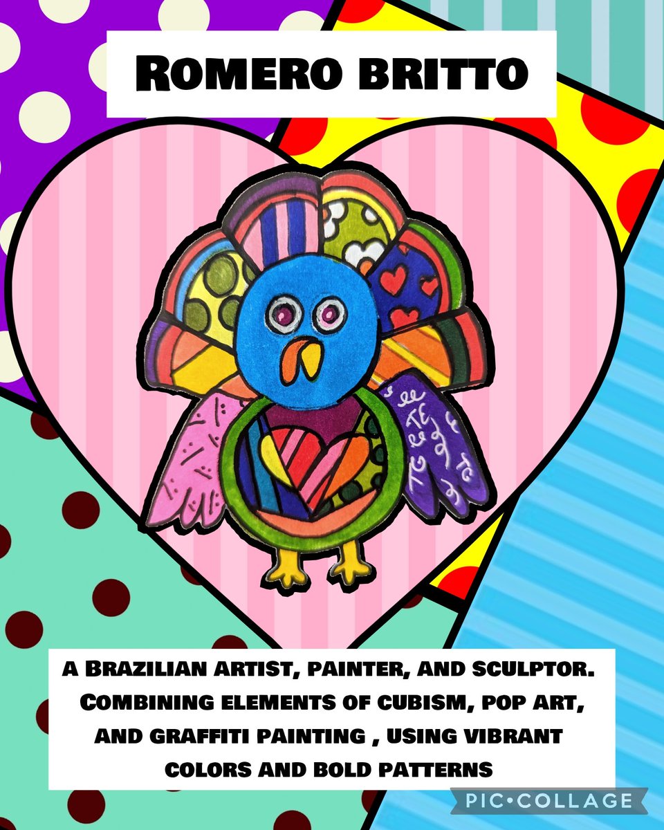 ArtWithMrE's tweet photo. Welcome to Day 3 of #turkeyaday ! I will be sharing #ARTurkeys each day in November.  Romero Britto often says the point of his art is to make people happy. His work has mass appeal. He has done work for Coke, Disney, Build a Bear...just to name a few. https://t.co/nCB2erekLF