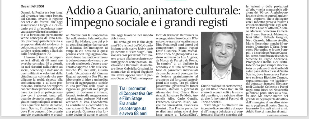 Un breve ricordo di Pino Guario, caro amico e instancabile animatore culturale, oggi sul Quotidiano di Puglia.
#cinema #sud