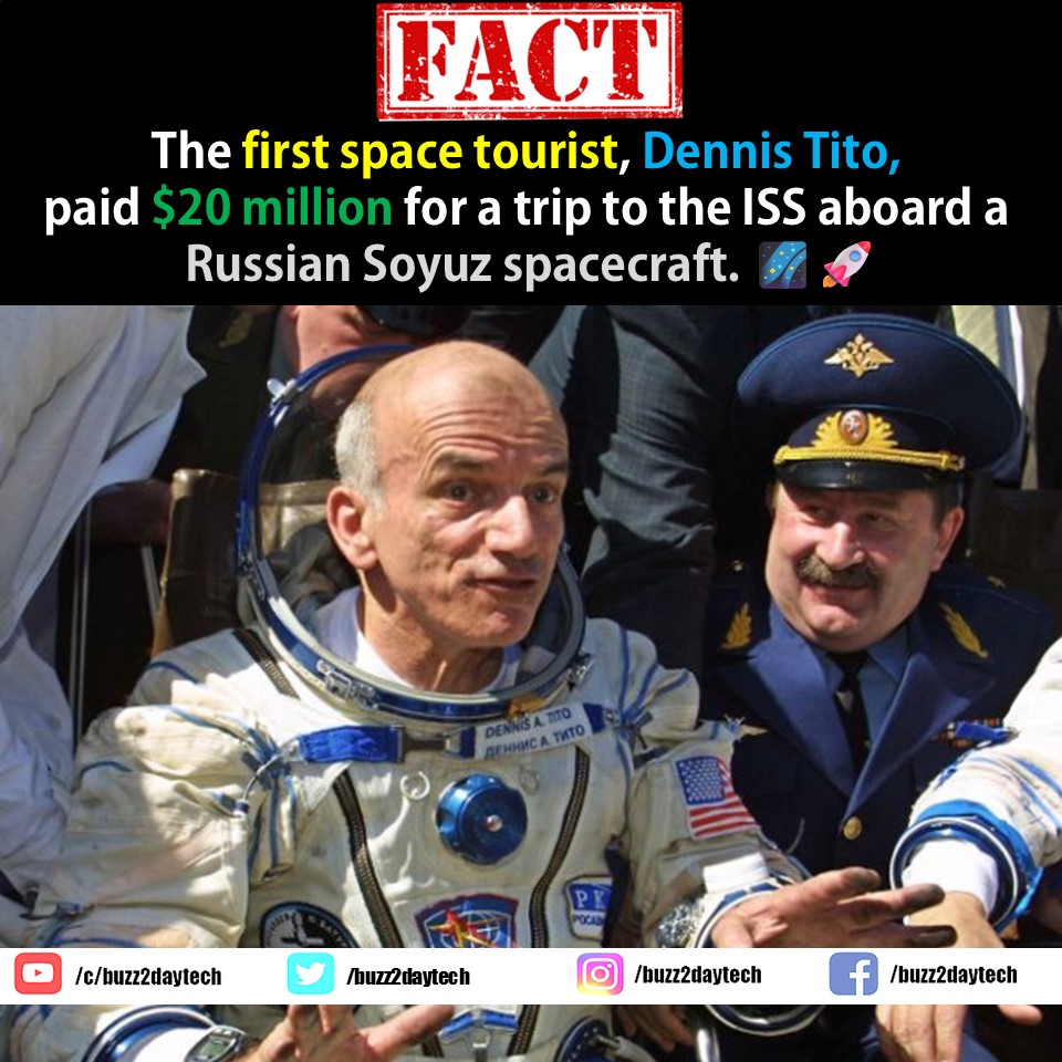 buzz2daytech's tweet photo. The first space tourist, Dennis Tito, paid $20 million for a trip to the ISS aboard a Russian Soyuz spacecraft. 🌌🚀 #SpaceTourism #DennisTito #ISS #Soyuz #SpaceTravel #HistoryMade #OrbitAdventure https://t.co/kznKcG7jYM