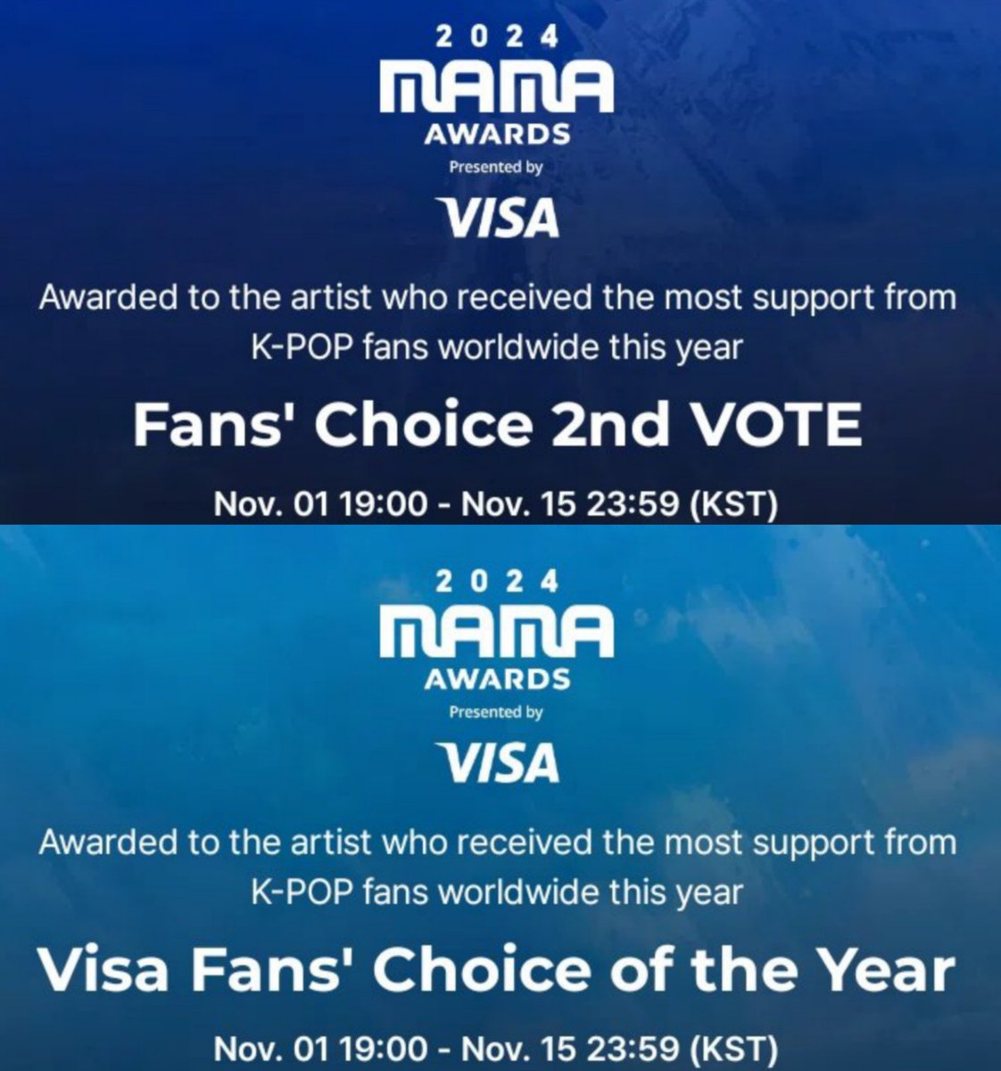 Armys dont forget to vote for  Jimin,Taehyung,Jungkook,Namjoon and Hoseok who are nominated in both:

🏆MAMA fans choice (2nd turn)
🏆Visa Fan's Choice of the year

📆: ends on November 15th 
🗳x1 vote per account

- Who comes at 1st place at Visa Fan's Choice of the year
will