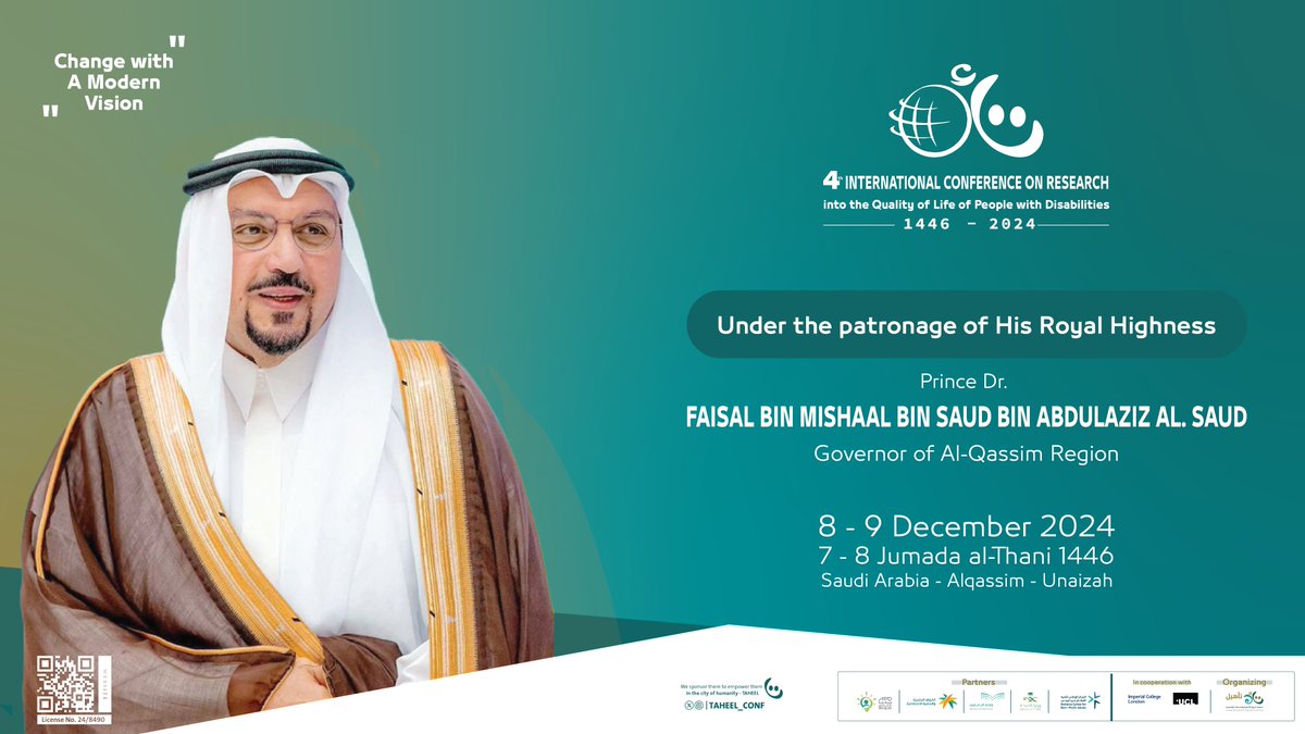 Under the patronage of His Royal Highness Prince Dr. Faisal bin Mishaal bin Saud bin Abdulaziz, Governor of Al-Qassim Region, Ta'heel Association is pleased to announce the 4th International Conference on Research into the Quality of Life of #PeopleWithDisabilities.

The