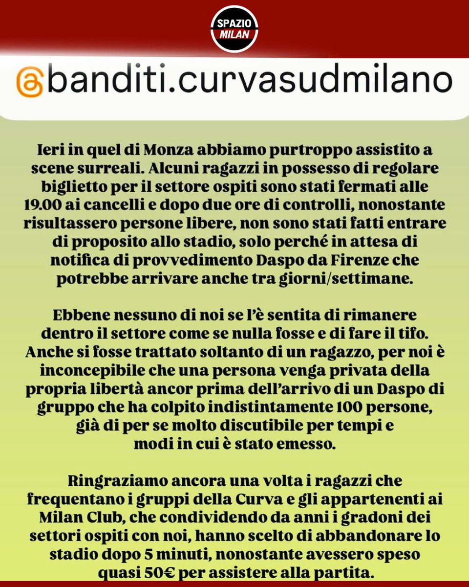 MilanSpazio's tweet photo. Monza-Milan: arriva il duro comunicato della Curva Sud Milano su quanto accaduto all'U-Power Stadium 🫨

Tifosi trattenuti ai tornelli per ore prima di vedersi negato l'ingresso sugli spalti: la ricostruzione dei "Banditi" 👀‼️

#MonzaMilan #CurvaSud #UPowerStadium https://t.co/H5jVdYAOgi