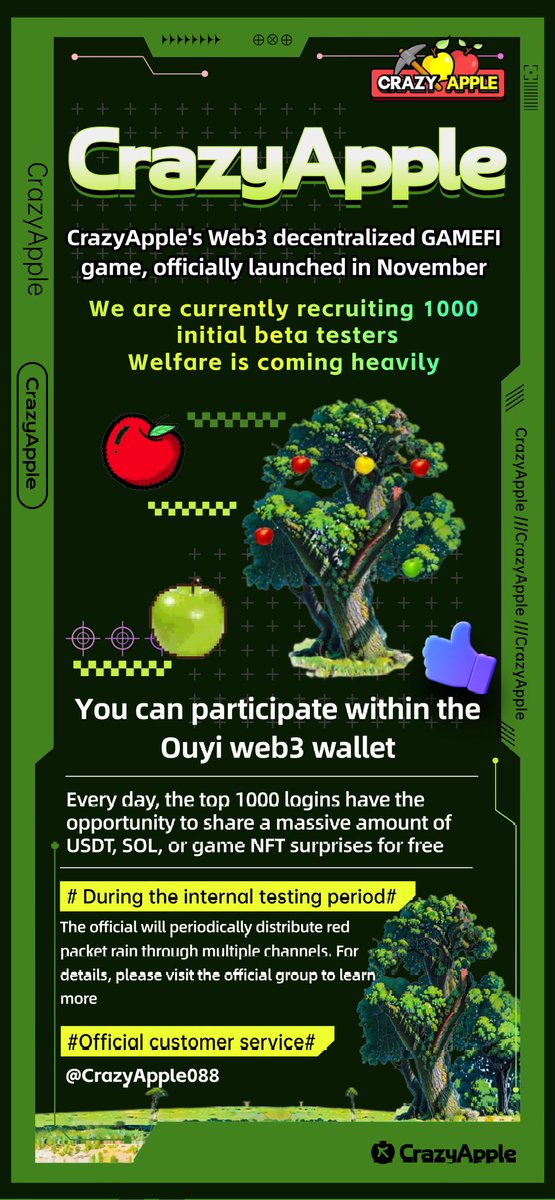 CRAZYS_APPLE's tweet photo. #CrazyApple, a Web3 decentralized GAMEFI game, officially opened in November.
1,000 first-phase test officers are being recruited, with benefits coming in as many as pounds 🫵 https://t.co/22wQrAMs6m