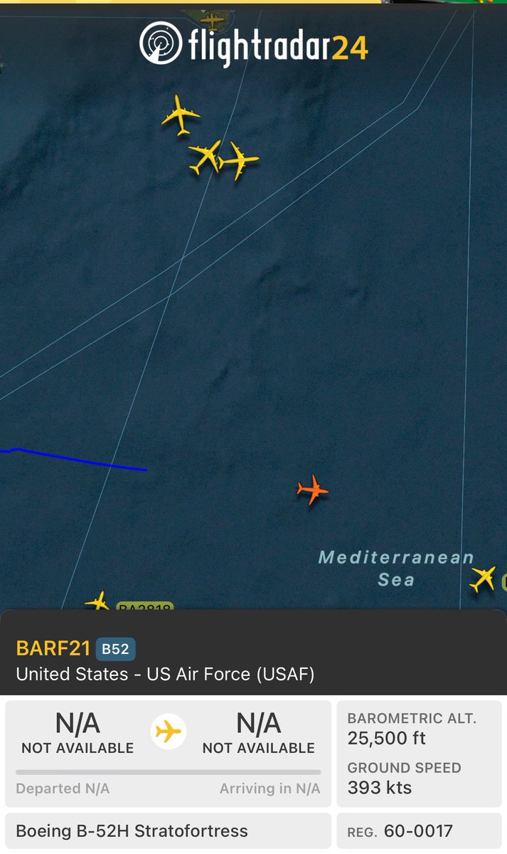 Andyyyyrrrr's tweet photo. 11:38 BARF 21 flt x2 B-52/H #Stratofortress’s
Second flt of ‘MT’ #B52’s relocating towards Al Udeid. Showing well on #FR24, Now in the Break from #RAKE41 flt.
#XJD #OTBH #MIB #KMIB #Minot #AlUdeid #USAF
#BARF21 60-0017/#AE5978 https://t.co/A5cgmMDMxN