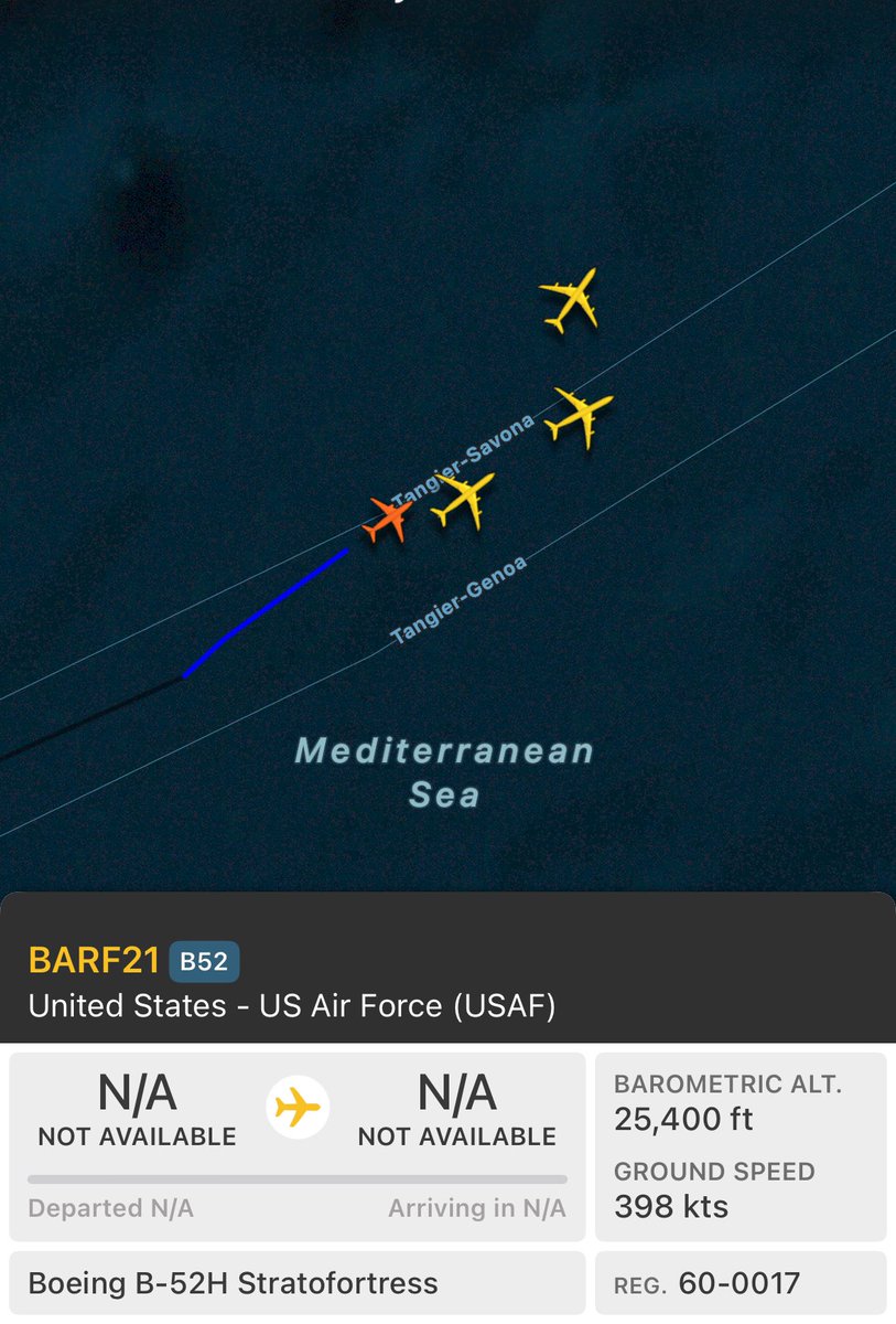 Andyyyyrrrr's tweet photo. 11:38 BARF 21 flt x2 B-52/H #Stratofortress’s
Second flt of ‘MT’ #B52’s relocating towards Al Udeid. Showing well on #FR24, Now in the Break from #RAKE41 flt.
#XJD #OTBH #MIB #KMIB #Minot #AlUdeid #USAF
#BARF21 60-0017/#AE5978 https://t.co/A5cgmMDMxN