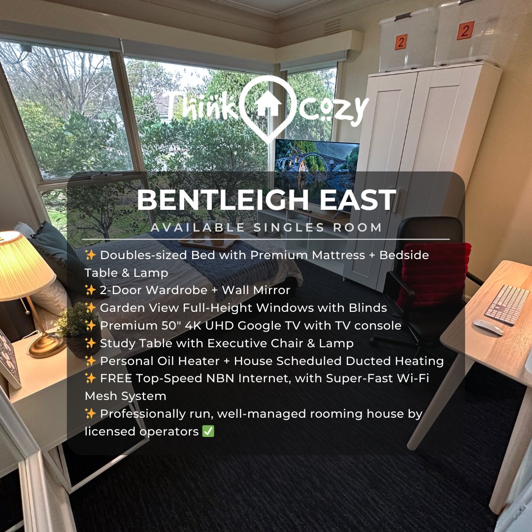 🌟 Bentleigh East Singles Room – Your Cozy Private Retreat Awaits! 🌟
Enjoy the perfect blend of comfort, style, and convenience:
✨ Double-Sized Bed with a premium mattress + bedside table &amp; lamp for ultimate relaxation
✨ 2-Door Wardrobe with a wall mirror to keep your space