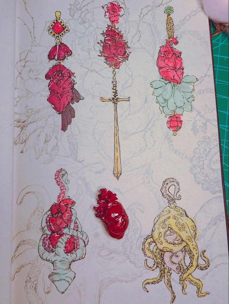 To the story of the broken heart and what I planned to do with it.

One of the ideas was to make costume jewelry out of the heart. Swords, roses, a heart and.... Tentacles? Yeah, the combination is awesome, I know 🦑🫀🗡🌹

#sketch #sketchbook
