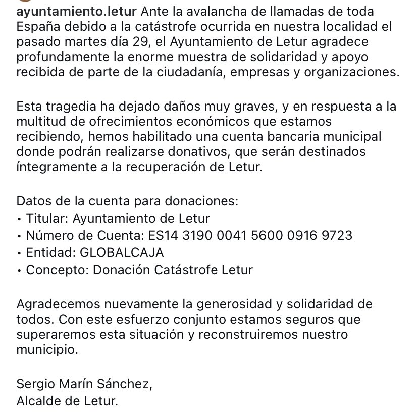 Os comparto el comunicado de nuestro alcalde de Letur 💞
La avalancha de solidaridad allí estos días es sobrecogedora… 
GRACIAS 
🙏😞💔

#Letur #Dana #Solidaridad