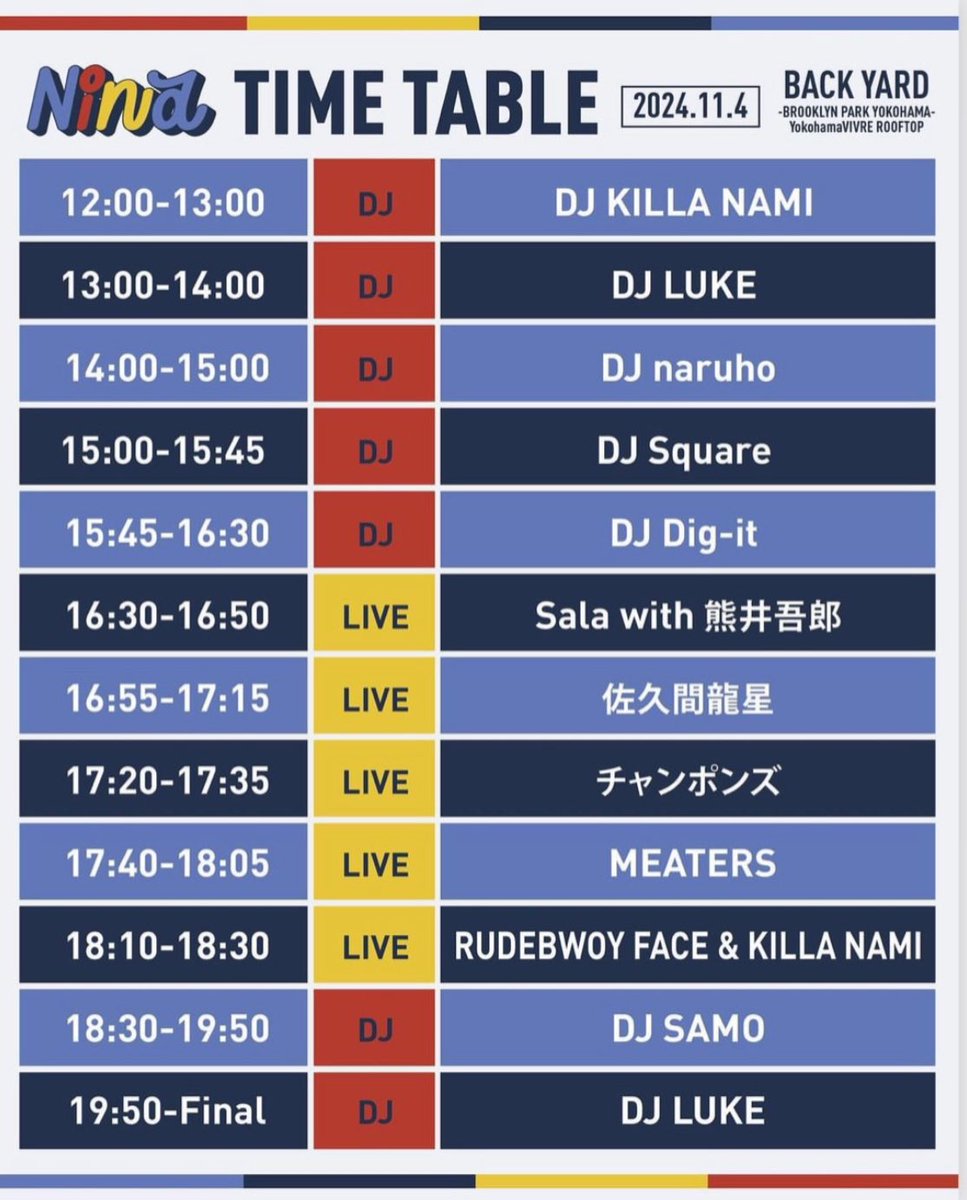 MEATERS_info's tweet image. 2024.11.04（祝月）open12:00
Nina
@ 横浜VIVRE屋上
BACK YARD BlooklynParkYokohama

MEATERS フルメンバーで
17:40からLIVE！
KILLA NAMI、DIG-ITがスピン！

みなさま、是非中の是非！
#meaters #mpc #rap #dj #scratch #beatlive #talkbox #nina #yokohama #vivre #backyard