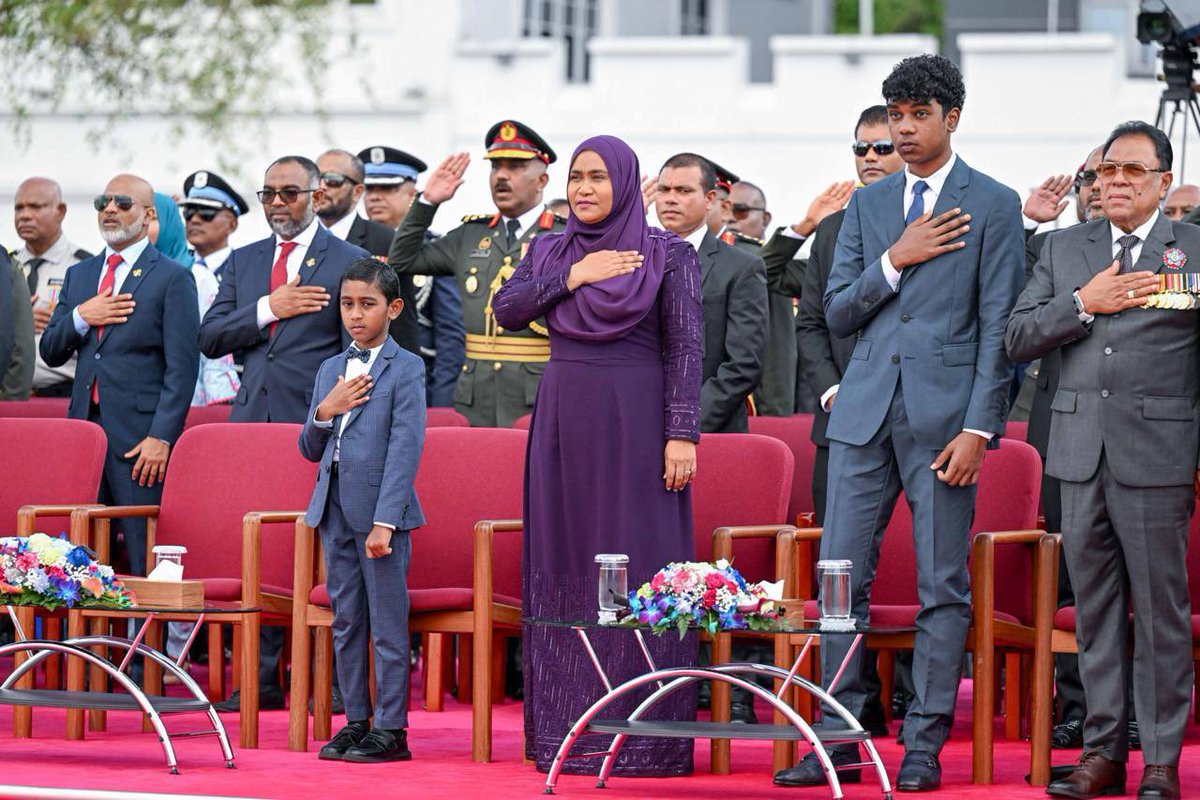 presidencymv's tweet photo. President Dr @MMuizzu and First Lady Madam Sajidha Mohamed attend the military display held by @MNDF_Official at Republic Square to commemorate Victory Day. The event showcased vessels and weaponry from the MNDF's arsenal. https://t.co/TicBDwydd2