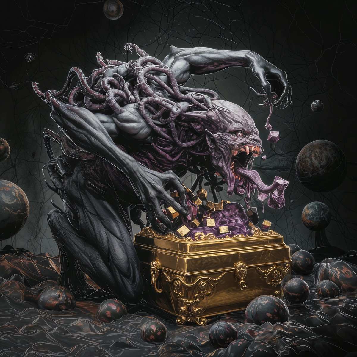BaFamey's tweet photo. The Insatiable Greed #AiArt #Flux #AIHorror #DarkFantasyArt #CreatureDesign #MonstrousGreed #EldritchHorror #CosmicDread #Macabre #ForbiddenTreasure #DarkAesthetic #NightmareFuel #UnholyAppetite https://t.co/G3i153girK