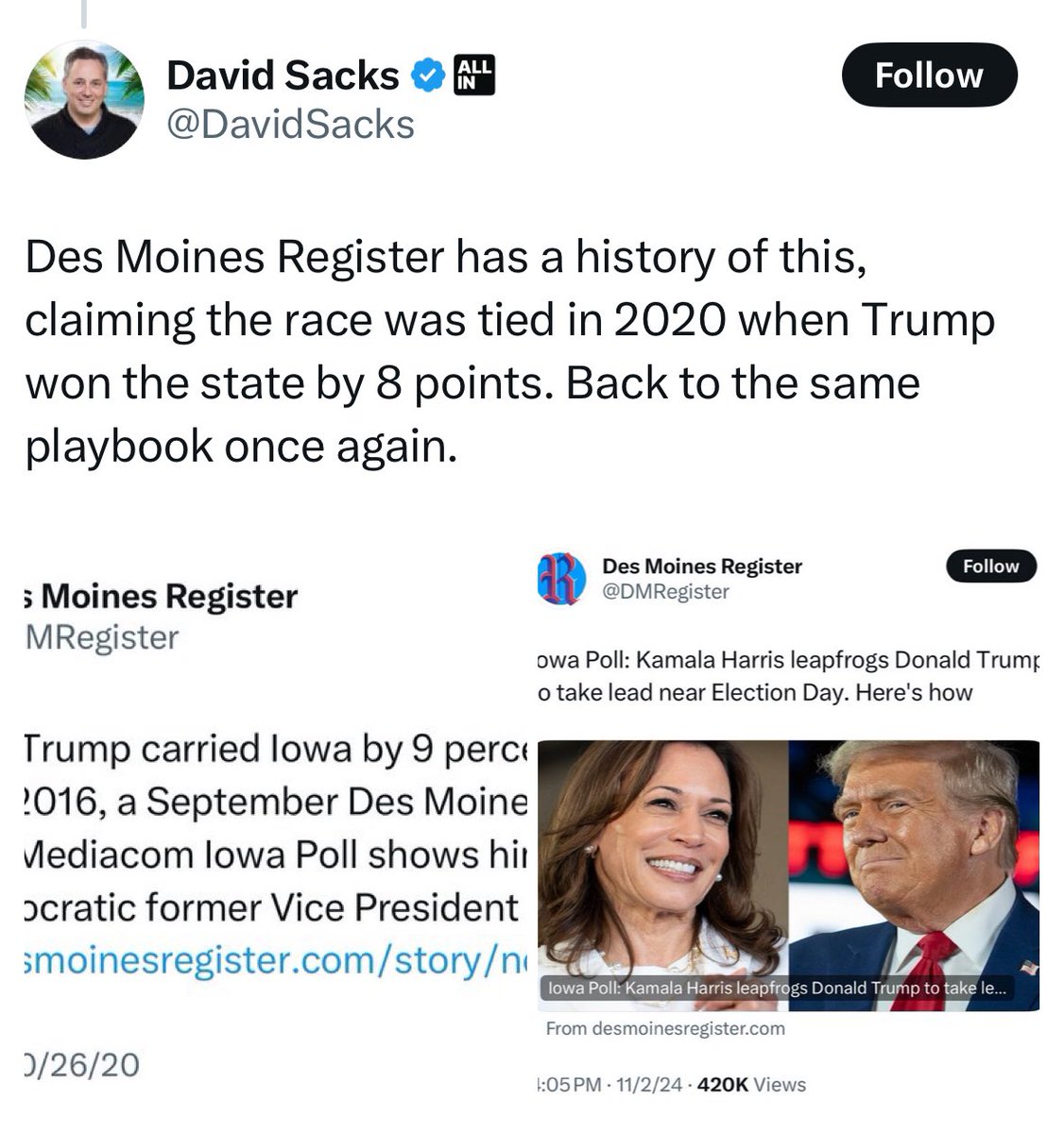 Just so intellectually dishonest. Sacks knows that Ann Selzer's final poll in 2020 was uncannily accurate - it had Trump +7, at a time when other pollsters had the race close to even. (He won by 8.) But because he wants to discredit Selzer, he brings up a Sept. poll from 2020.