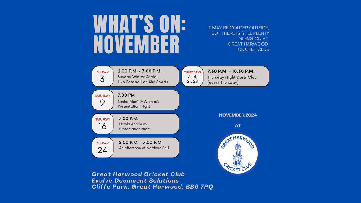 greatharwoodcc's tweet photo. It may be colder outside, but there is still plenty going on at Great Harwood Cricket Club.

Starting today: 2 - 7 p.m. for Live Football (Burnley and Man Utd matches are on Sky), darts or just fancy a drink and a catch up, come and join us. https://t.co/VaB9SmwdAp