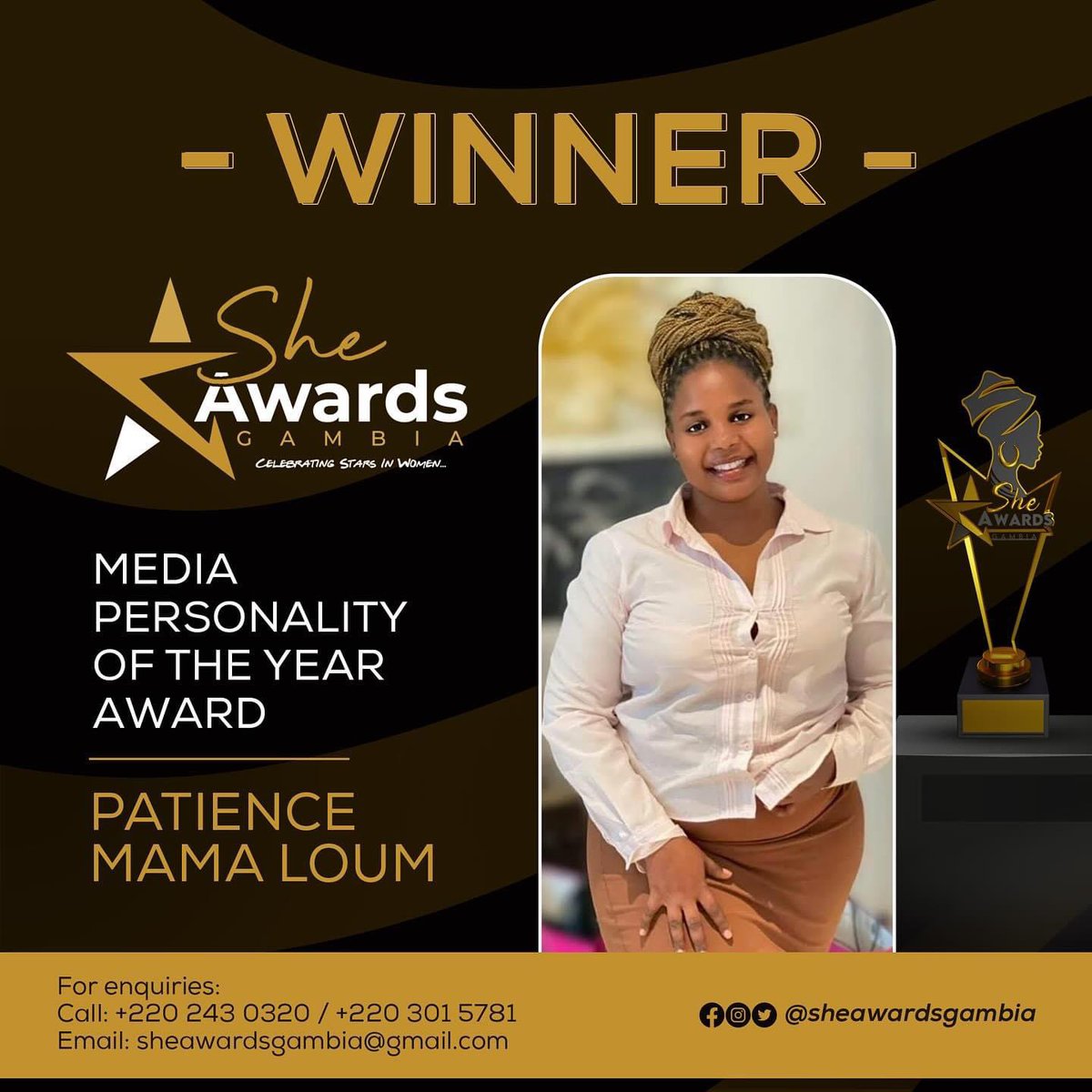WojagOfficial's tweet photo. Join us congratulate our very own Patience Mama Loum and Sarjo Baldeh for winning the Media Personality of the year and the positive social influencer Awards respectively.

Good job She Awards Gambia and congratulations to all the nominees in the categories. https://t.co/Sq0crIAaFk