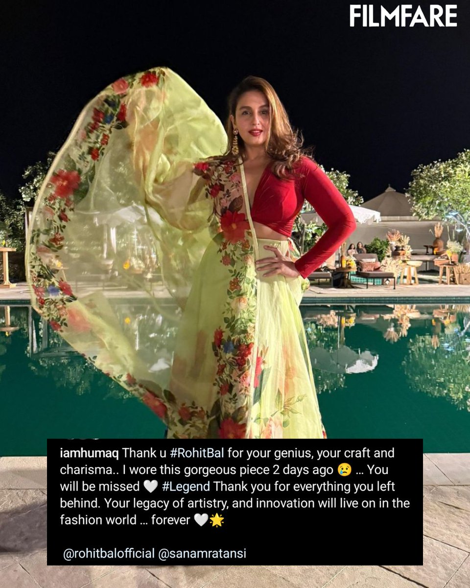 filmfare's tweet image. #HumaQureshi pays tribute to the late fashion designer #RohitBal. 🙏

#Celebs