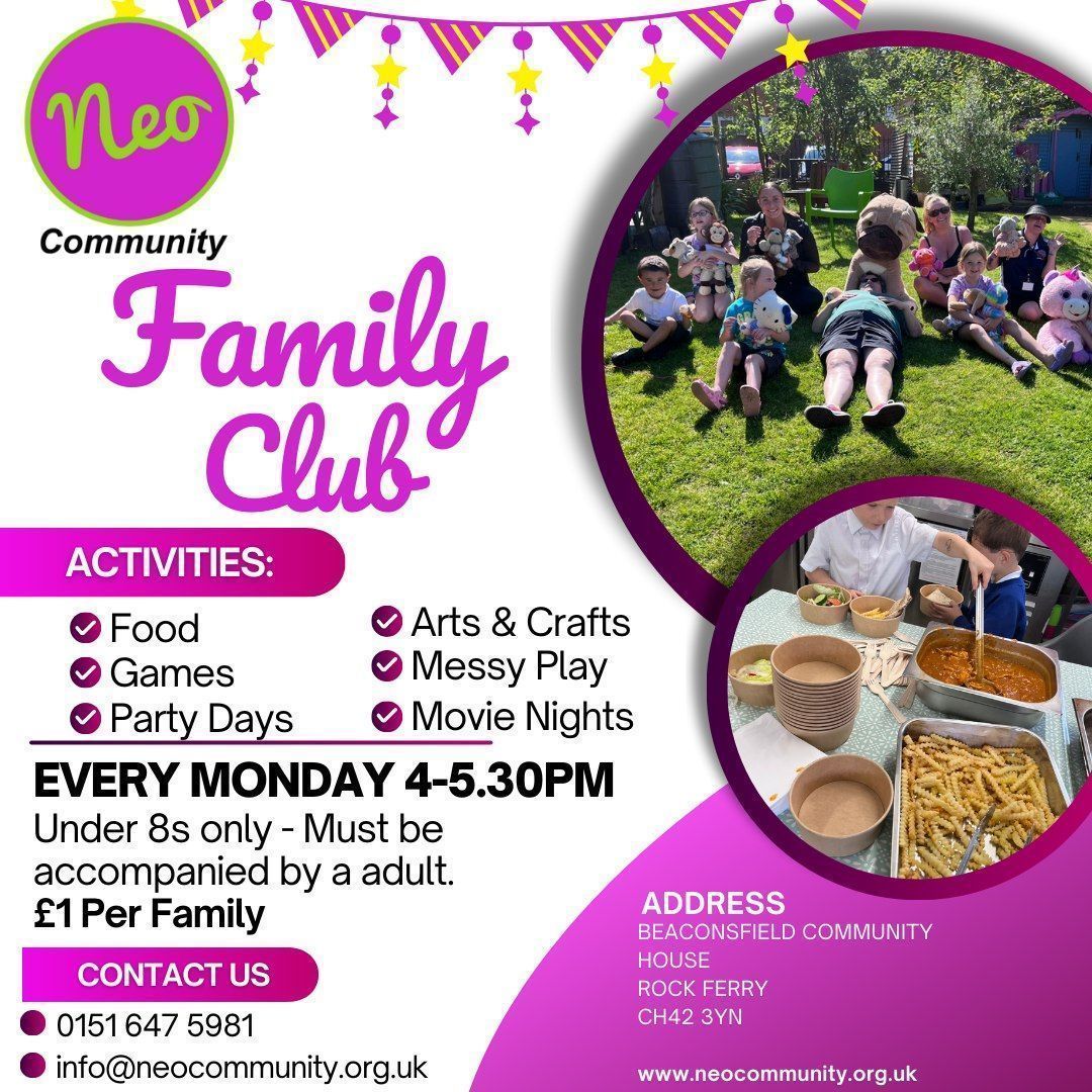 🌟 Neo Community's Family Club 🌟

📅 Mondays, 4-5:30 PM
👧🧒 For under 8s (must be with an adult)

Join us for fun activities and games every week!
📍 Neo Community Centre
See you there! 🤗

#NeoCommunity #FamilyFun #KidsActivities