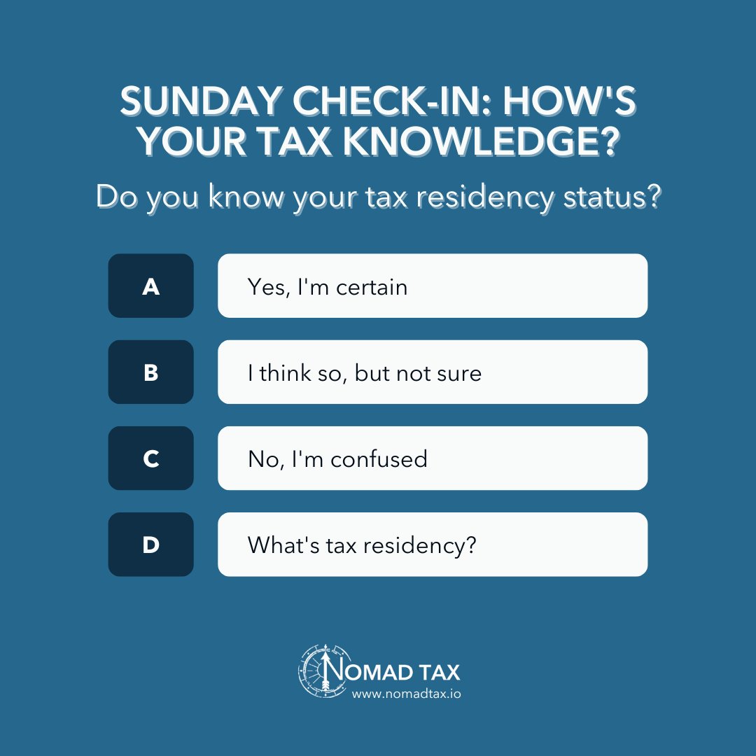 Tax residency is crucial for digital nomads. Not 100% certain of yours? It might be time for a tax check-up! Nomad Tax helps digital nomads navigate these complexities. Ready to clarify your status? Let’s chat! #TaxResidency #DigitalNomadTaxes #SundayThoughts