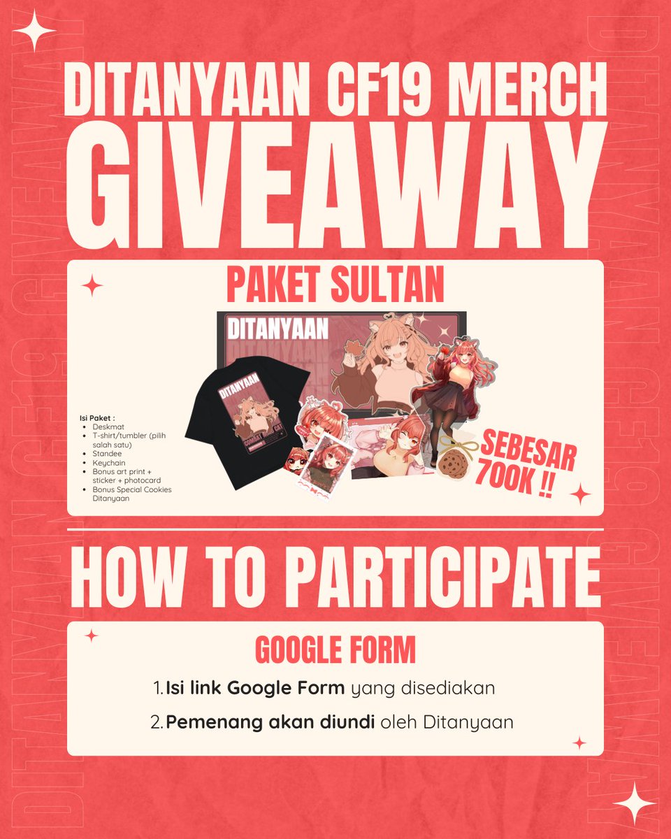 ShinukaID's tweet photo. ✨DITANYAAN CF19 MERCH GIVEAWAY! ✨ 

Kamu berkesempatan membawa pulang Paket Sultan senilai 700K IDR berisi merch eksklusif CF19 Ditanyaan!😍✨

Cara ikut: 
1️⃣RT & Like tweet ini!  
2️⃣Follow sosmed Shinuka dan @Ditanyaan 
3️⃣Isi Google Form!! 🎉
https://t.co/7OAonsi4qx
https://t.co/7OAonsi4qx

⏰Batas ikut sampai 10 November 2024, jadi jangan sampai kelewatan ya! ♥