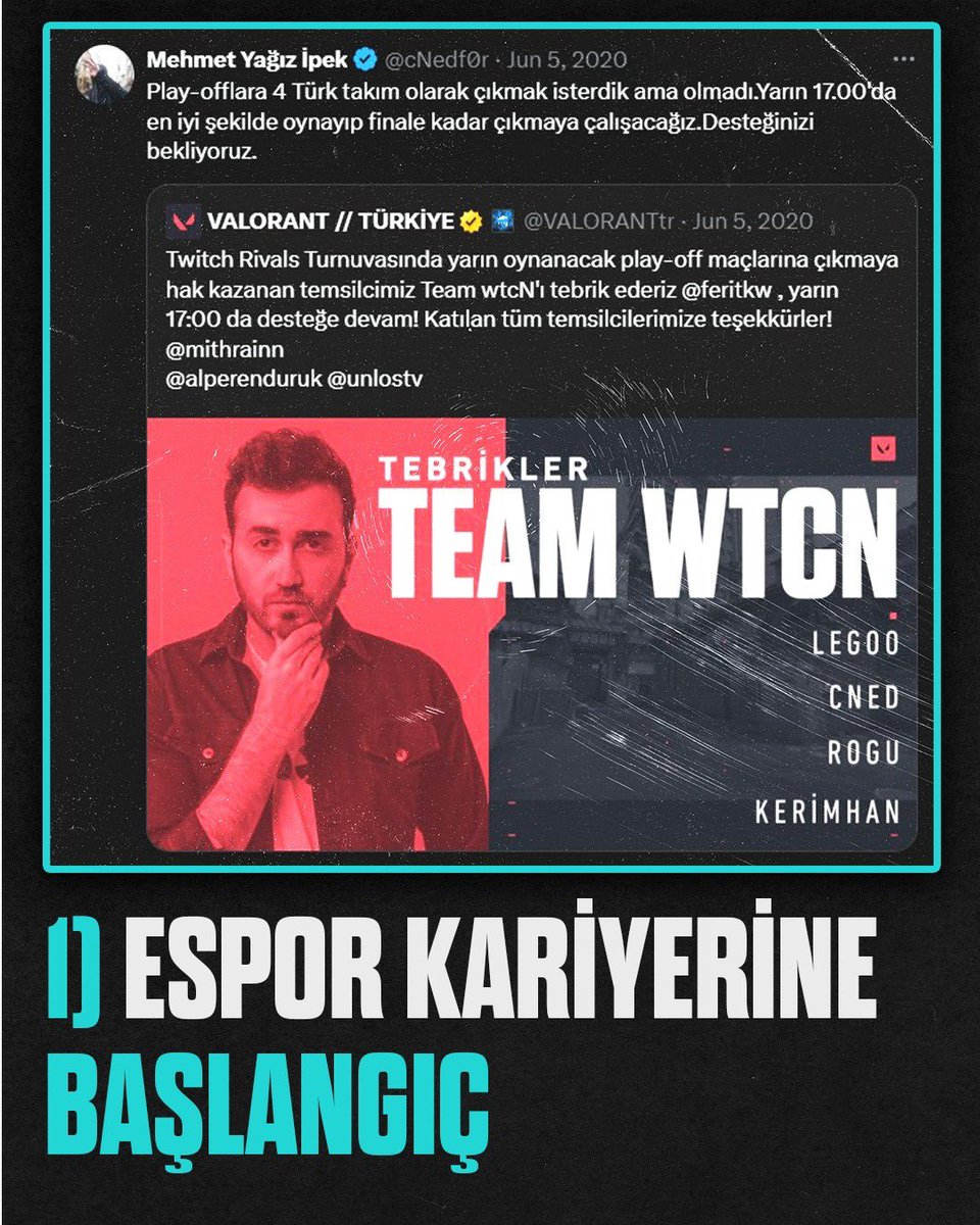 5midcom's tweet photo. ⚜️1. Espor kariyerine başlangıç :

Mehmet Yağız "cNed" İpek, espor kariyerine Türkiye’de Zula arenasında ICE WARRIORS takımında başladı. Ardından Valorant’a geçiş yaparak wtcn'in kurduğu Team #Wtcn ile kariyerinde yeni bir sayfa açtı ve kısa süre sonra #BBL Esports’a katılarak Russ, AsLanM4shadoW, kero ve legoo gibi isimlerle takımın ilk oyuncuları arasında yer aldı.