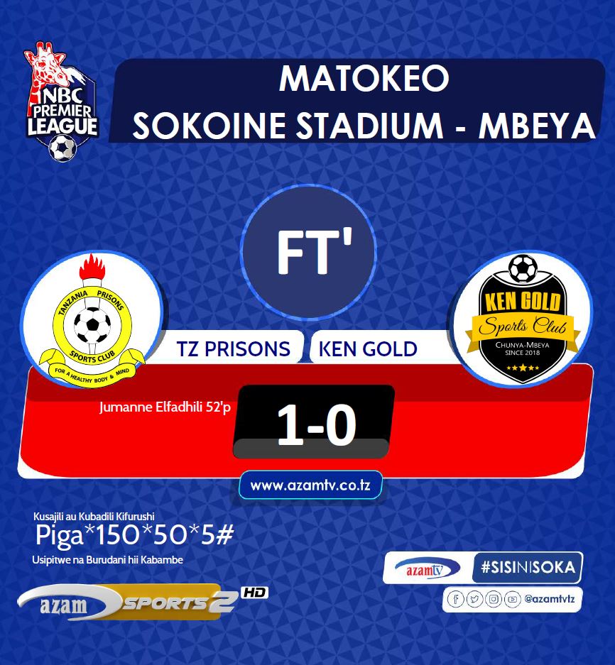 azamtvtz's tweet image. #NBCPL Ken Gold mambo bado….

FT: TZ Prisons 1-0 Ken Gold

Endelea ku-enjoy boli LIVE #AzamSports

#NBCPremierLeague #LigiKuuYaNBC #NBCPL #NBCPLUpdates #SisiNiSoka #TanzaniaPrisons #KenGoldFC #PrisonsKenGold