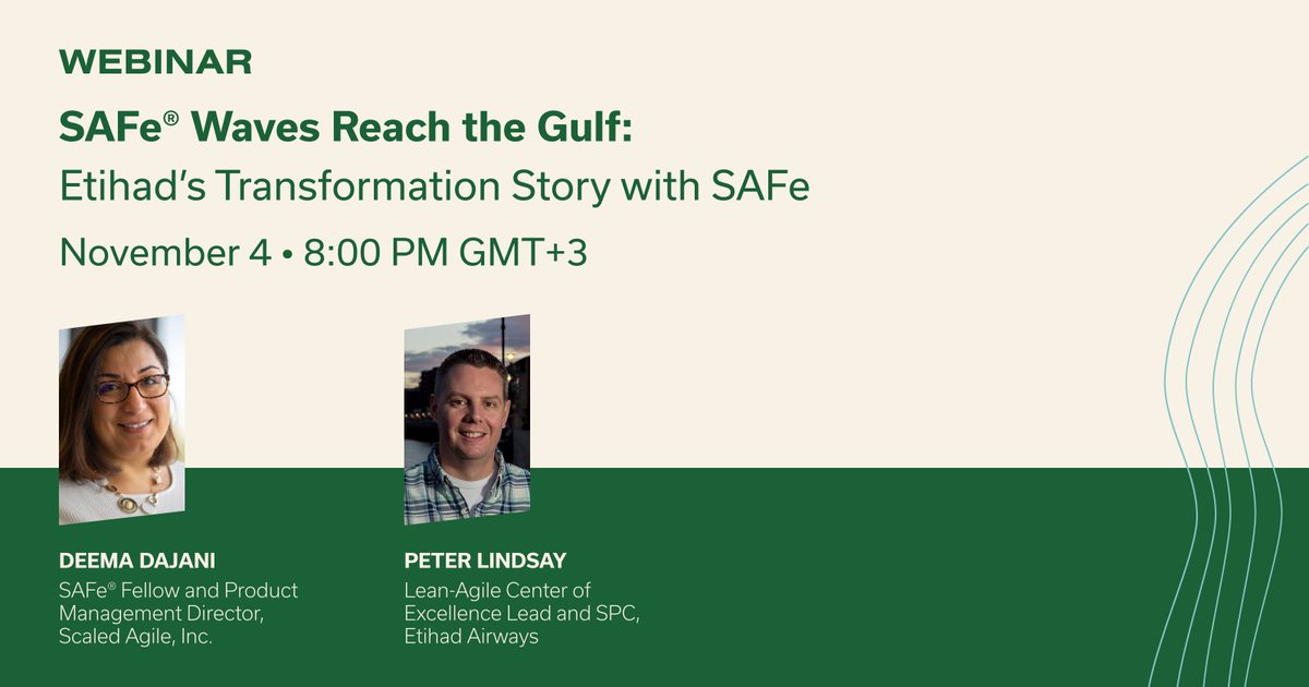 Join us tomorrow for a 30-minute session where you’ll discover how Etihad Airways successfully re-platformed its core system in record time using SAFe®: ow.ly/eBP150TUmtT

#SAFe #ScaledAgile #BusinessAgility #Gulf #AgileMiddleEast