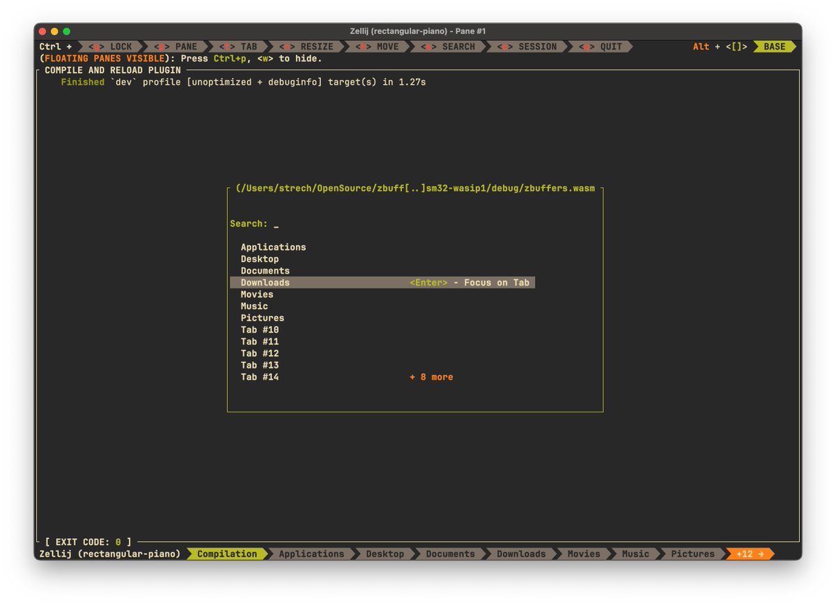 oni_strech's tweet photo. A new https://t.co/2ELnmngho6 plugin has landed! Please welcome https://t.co/yc2tplRlfU

It's a minimalist plugin to switch between tabs in an Emacs way (but with a session-manager look).

I hope that you'll like it @Zellij_dev <3 https://t.co/LO685RnOyV