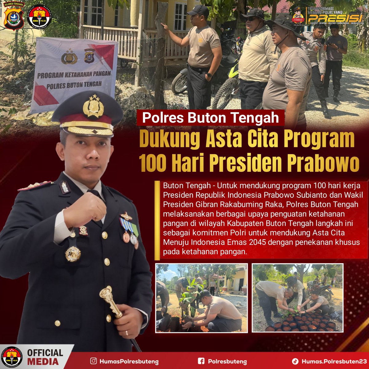 Humasresbuteng's tweet photo. Untuk mendukung program 100 hari kerja Presiden Republik Indonesia Prabowo Subianto dan Wakil Presiden Gibran Rakabuming Raka, Polres Buton Tengah melaksanakan berbagai upaya penguatan ketahanan pangan di wilayah Kabupaten Buton Tengah langkah ini sebagai komitmen Polri https://t.co/JMD8U9s6qo