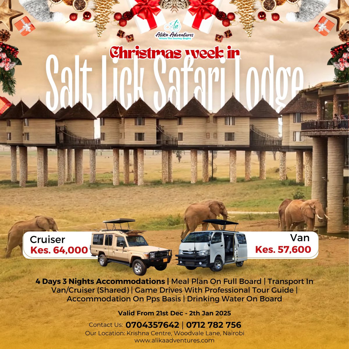 AlikaAdventures's tweet photo. Enjoy Christmas week at Sarova Salt Lick Lodge, Tsavo East National Park, Kenya📌🐘🇰🇪 Enjoy 4 Days 3 Nights from Kes.57,600
Book Now!
Email reservations@alikaadventures.com
Call/WhatsApp:0704357642/ 0745757252 #SaltlickSafariLodge #tour #toursandtravel
#MasaiMara #safari #Kenya https://t.co/8S4JLaXuwk