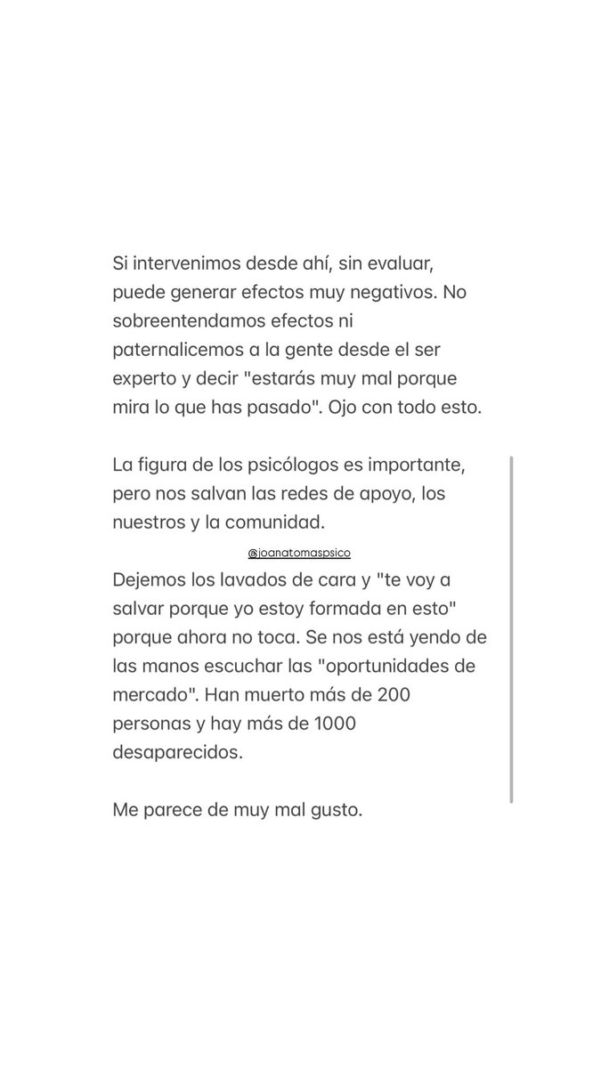 joana_tomas's tweet photo. Estos días he visto la oferta de cursos de trauma y de exposición de servicios de atención psicológica a las víctimas.

Me parece de muy mal gusto. 

Soy psicóloga, pero antes que eso soy persona y valenciana y ver estas ofertas me llena de tristeza y rabia. https://t.co/x6djMn2IN4