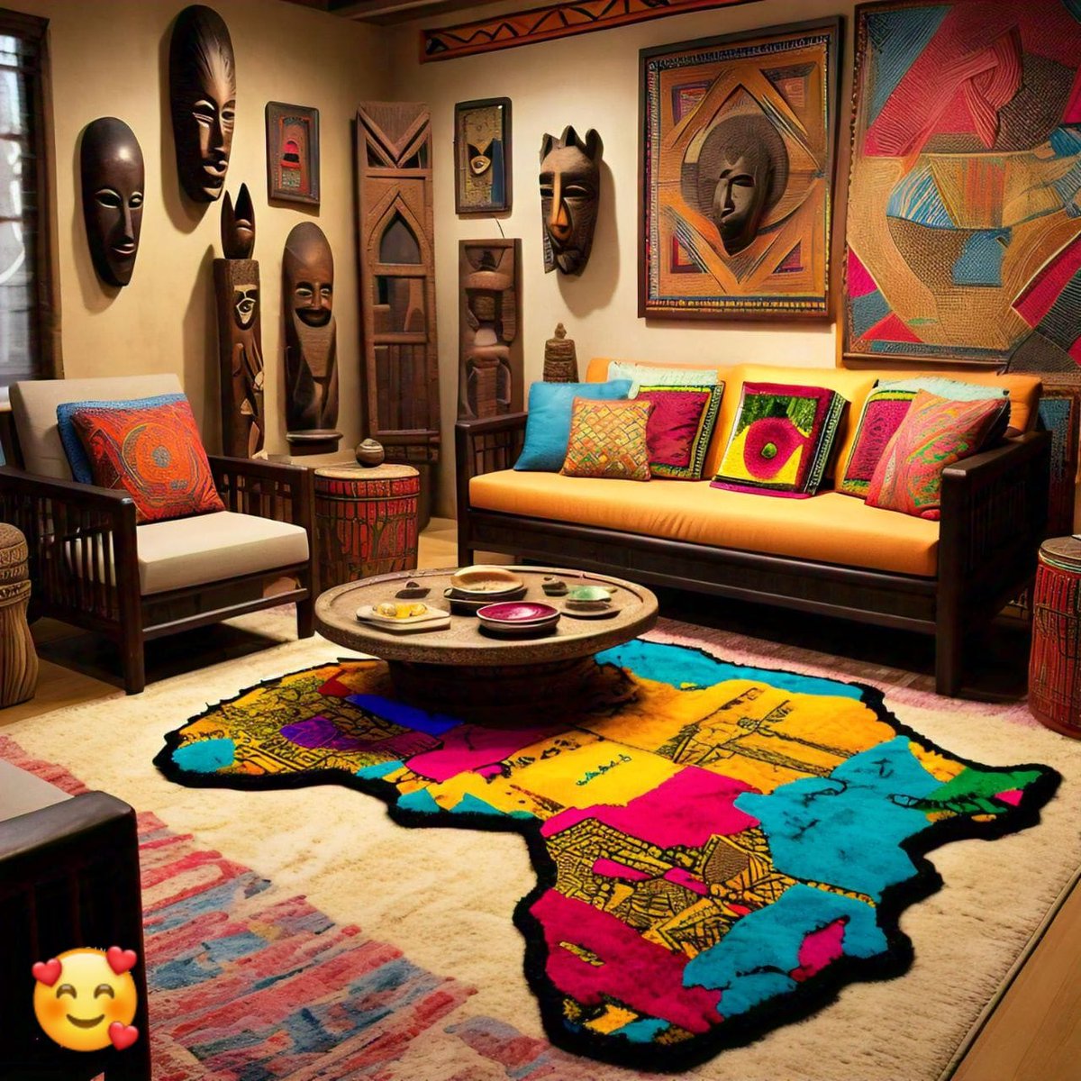 Cozy African Oasis! Warm earthy tones, vibrant textiles &amp; stunning Africa-shaped rug create a welcoming retreat.
lakaydesigns.com
