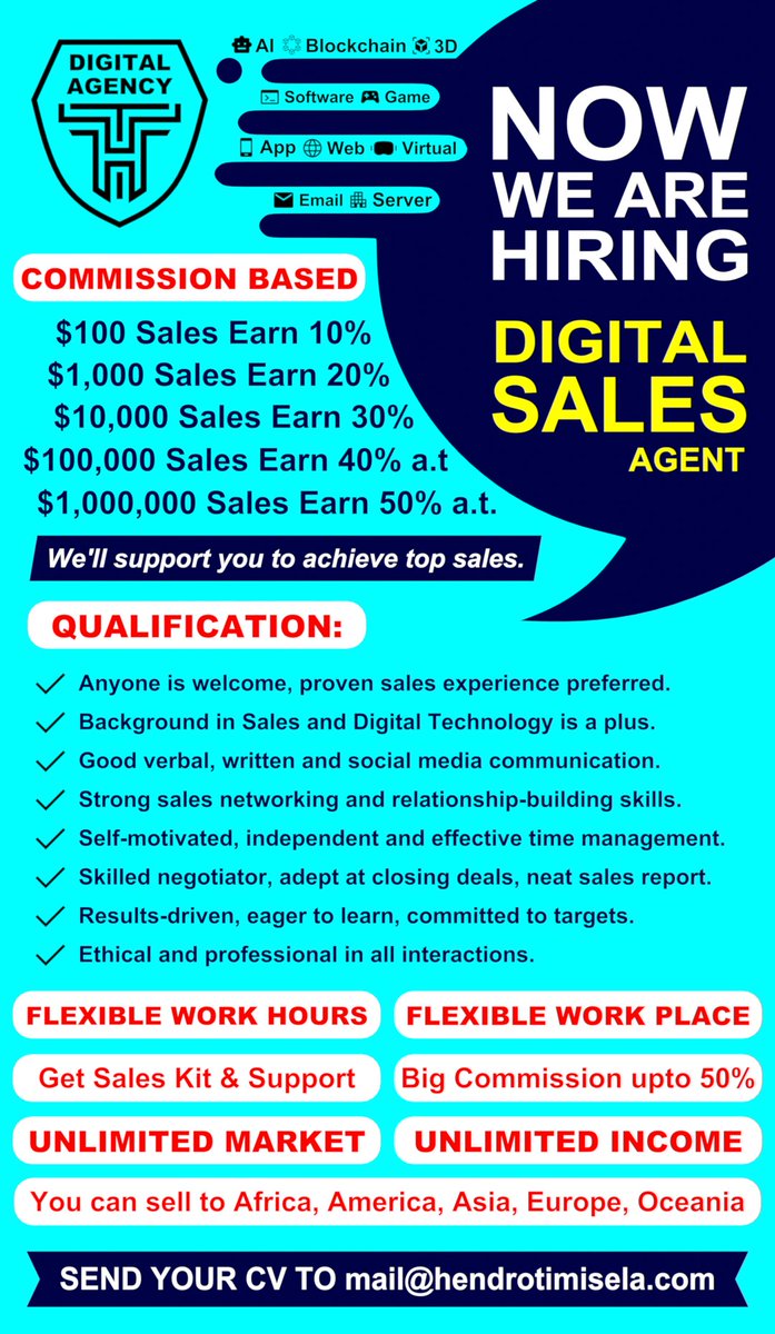 Hendro Timisela (@hendrotimisela) on Twitter photo 🚀 We're Hiring! 🚀
Looking for Digital Sales Agent to join our team! If you’re passionate about sales, tech-savvy, and love connecting with clients, we want to hear from you, please send your CV to mail@hendrotimisela.com
#Hiring #SalesAgent #DigitalMarketing #JobOpening 🚀 We're Hiring! 🚀
Looking for Digital Sales Agent to join our team! If you’re passionate about sales, tech-savvy, and love connecting with clients, we want to hear from you, please send your CV to mail@hendrotimisela.com
#Hiring #SalesAgent #DigitalMarketing #JobOpening