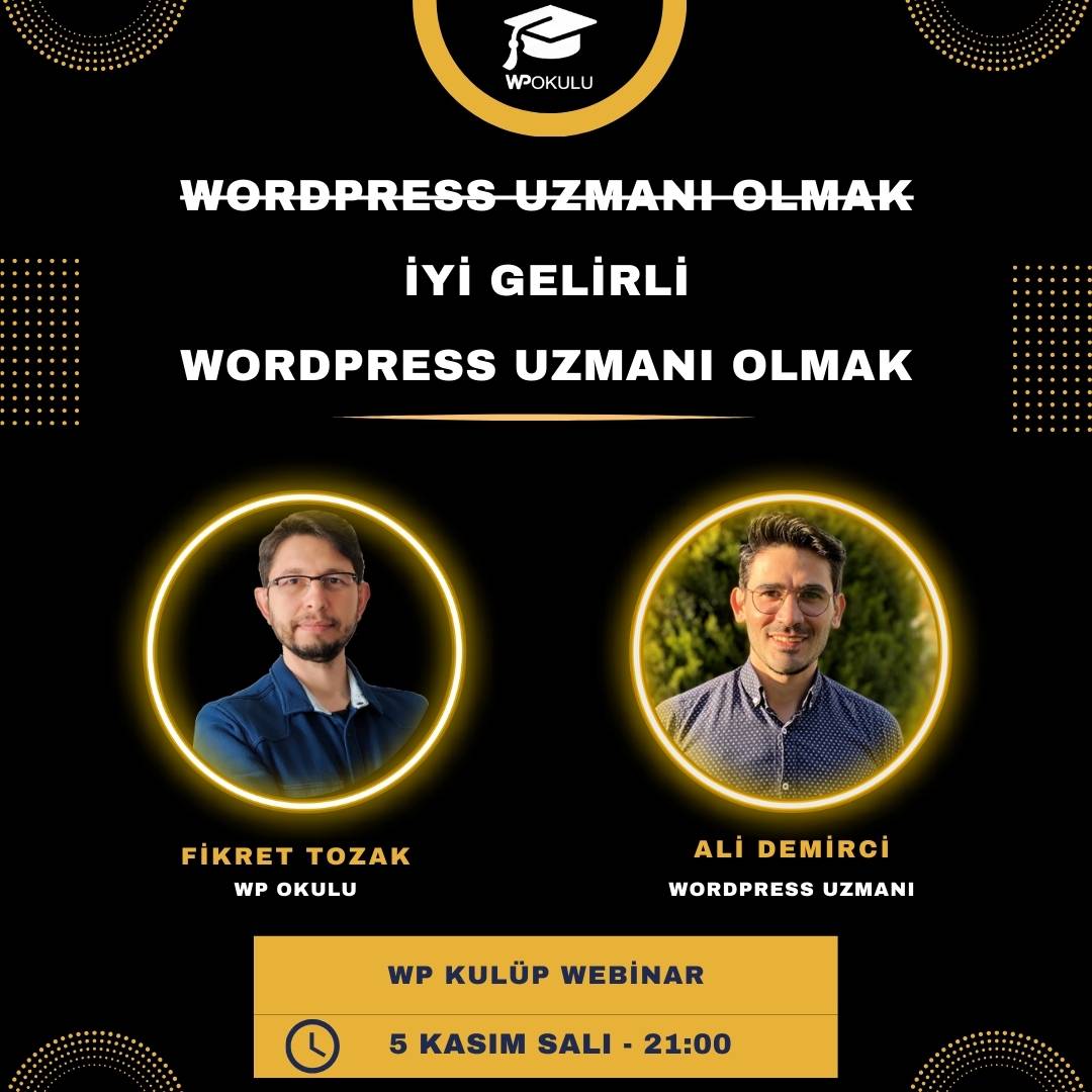 🚀 WordPress Uzmanı <a href="/ecommerceux/">Ali Demirci</a> (Ali Demirci) ile özel webinar!  
📅 5 Kasım Salı 21:00
💡 Konular:
- WordPress'in geleceği
- Yurt dışına açılma
- İngilizce olmadan freelance
- Kazanç potansiyeli
🎯Ücretsiz katılım için kayıt 👇🏽 
#WordPress #Freelance