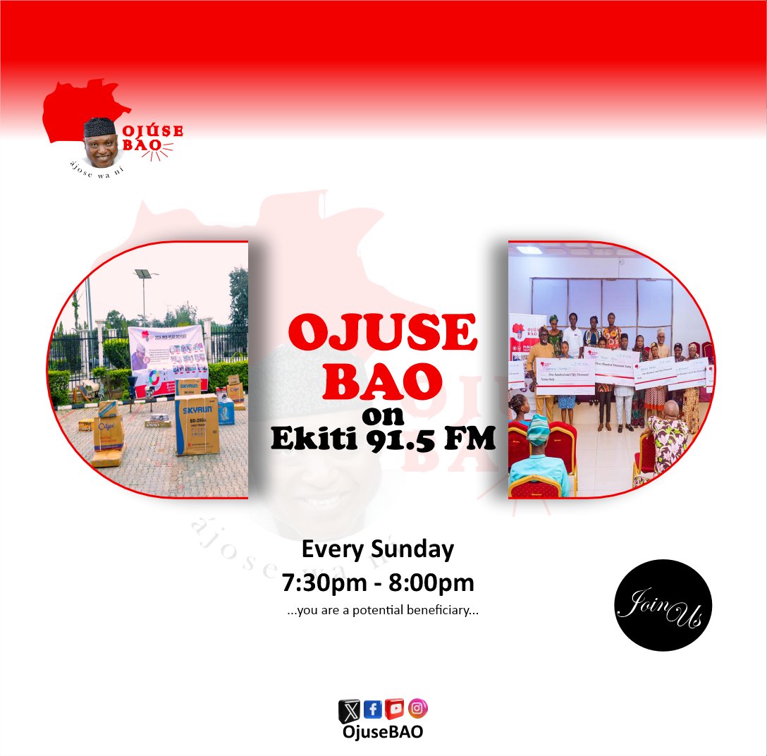 OjuseBAO's tweet photo. Don't forget to join us again today... Same time, same station. Always remember that you are a potential beneficiary. OjuseBAO! a jo se wa ni.
#OjuseBAO
#Sundayprogram https://t.co/q5TLa5bI2x
