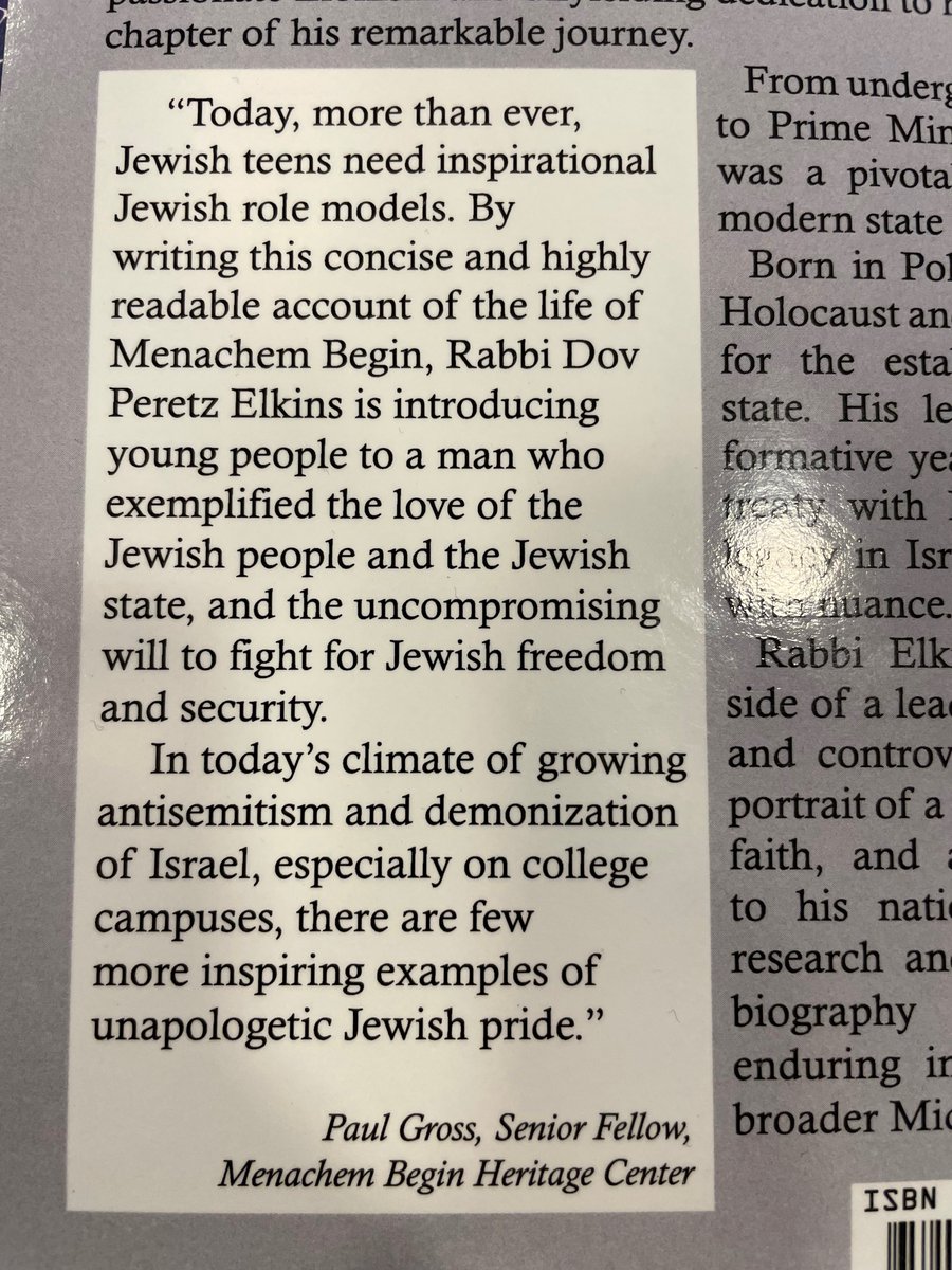 BeginCenter's tweet image. We are grateful to Rabbi Dov Peretz Elkins for writing a wonderful new biography of Menachem Begin, specially tailored for a younger audience.
Our Senior Fellow Paul Gross endorsed the book on the back cover.