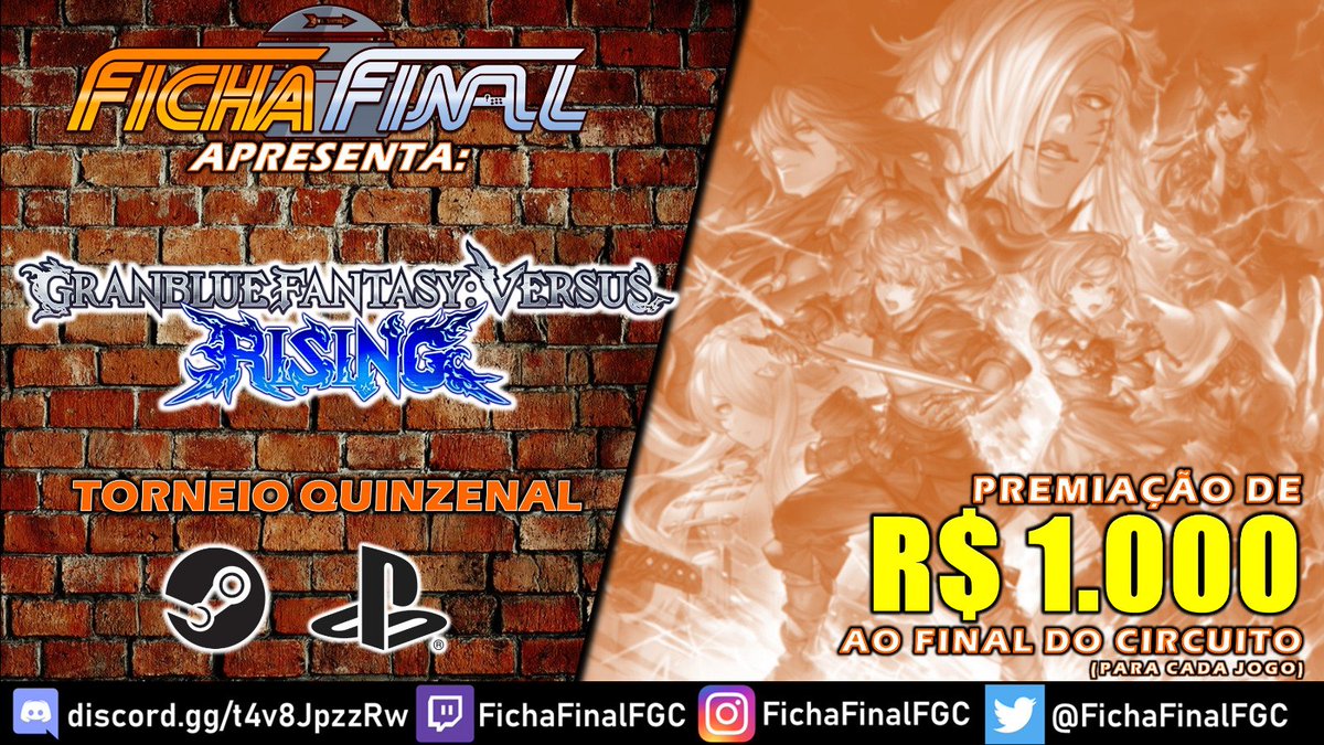 Quinzenal de Granblue do Ficha Final

Quando: 03/11 (HOJE), às 19h
Inscrições: start.gg/tournament/fic…
Transmissão: twitch.tv/FichaFinalFGC
Discord (presença obrigatória): discord.gg/t4v8JpzzRw

#GranblueFantasyVersusRising #GBVSR #GBFVR